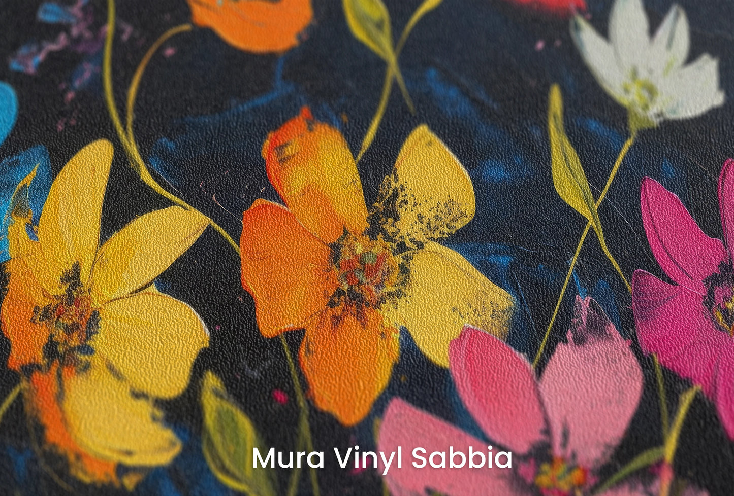 Zbliżenie na artystyczną fototapetę o nazwie Cosmic Garden na podłożu Mura Vinyl Sabbia struktura grubego ziarna piasku.