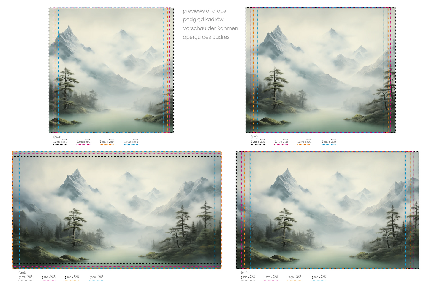 Na obrazie znajduje się prezentacja przykładowych rozmiarów fototapety o nazwie Serene Mountain Lake. Rozmiar fototapety jest dowolny.