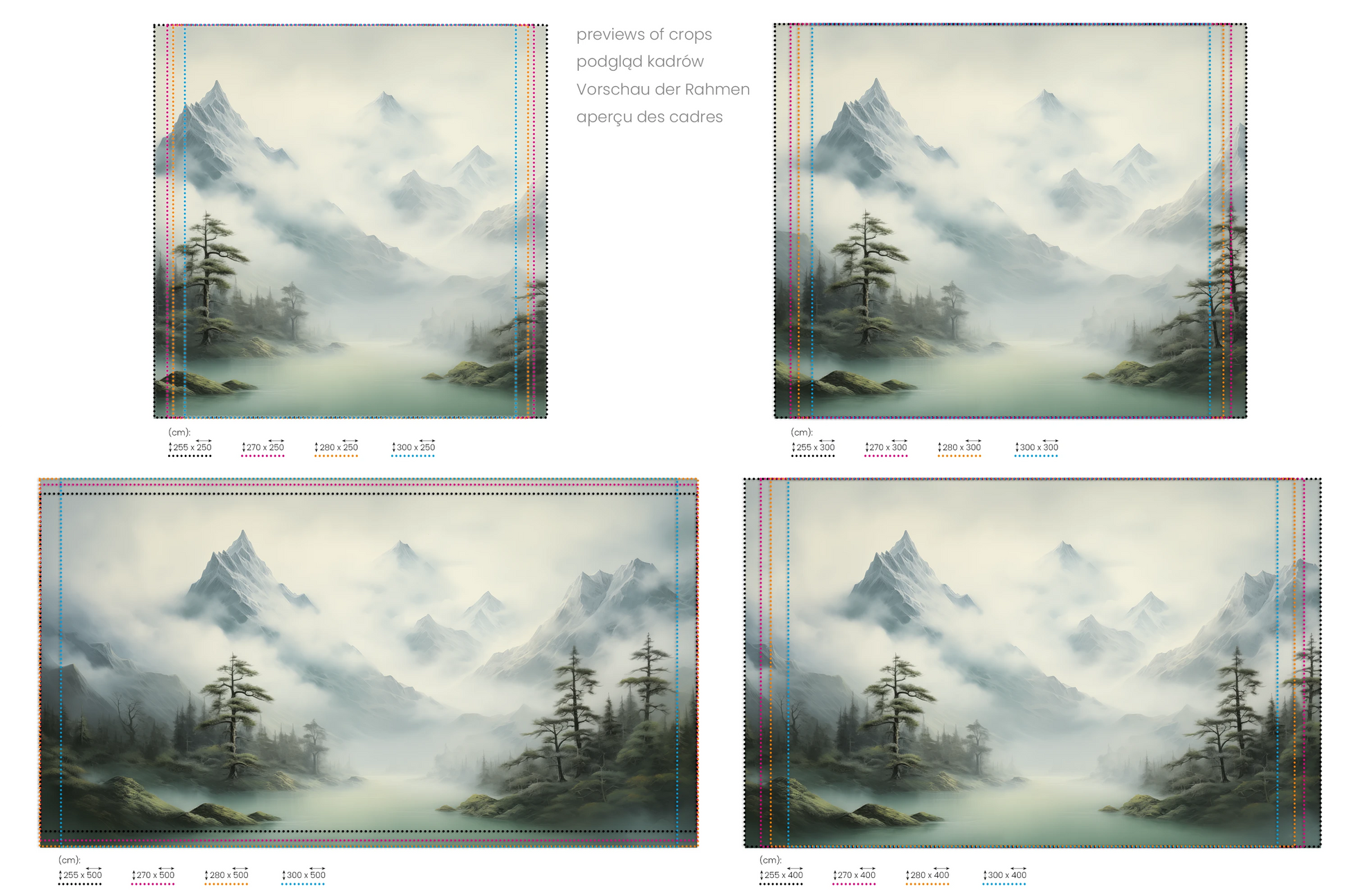 Na obrazie znajduje się prezentacja przykładowych rozmiarów fototapety o nazwie Serene Mountain Lake. Rozmiar fototapety jest dowolny.