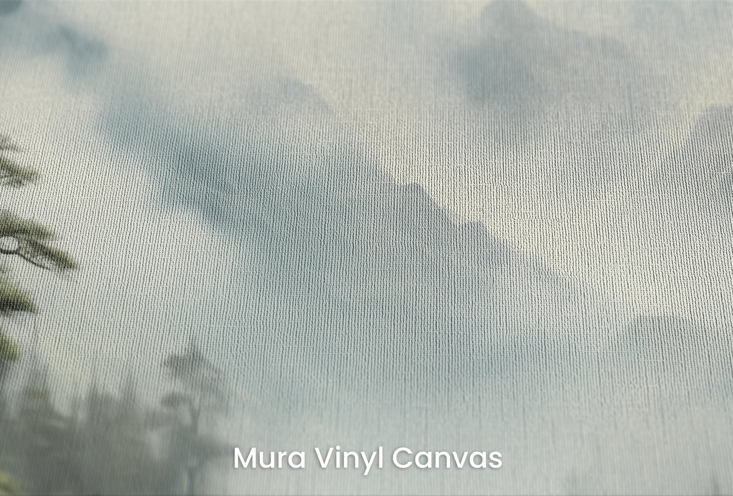 Zbliżenie na artystyczną fototapetę o nazwie Serene Mountain Lake na podłożu Mura Vinyl Canvas - faktura naturalnego płótna.