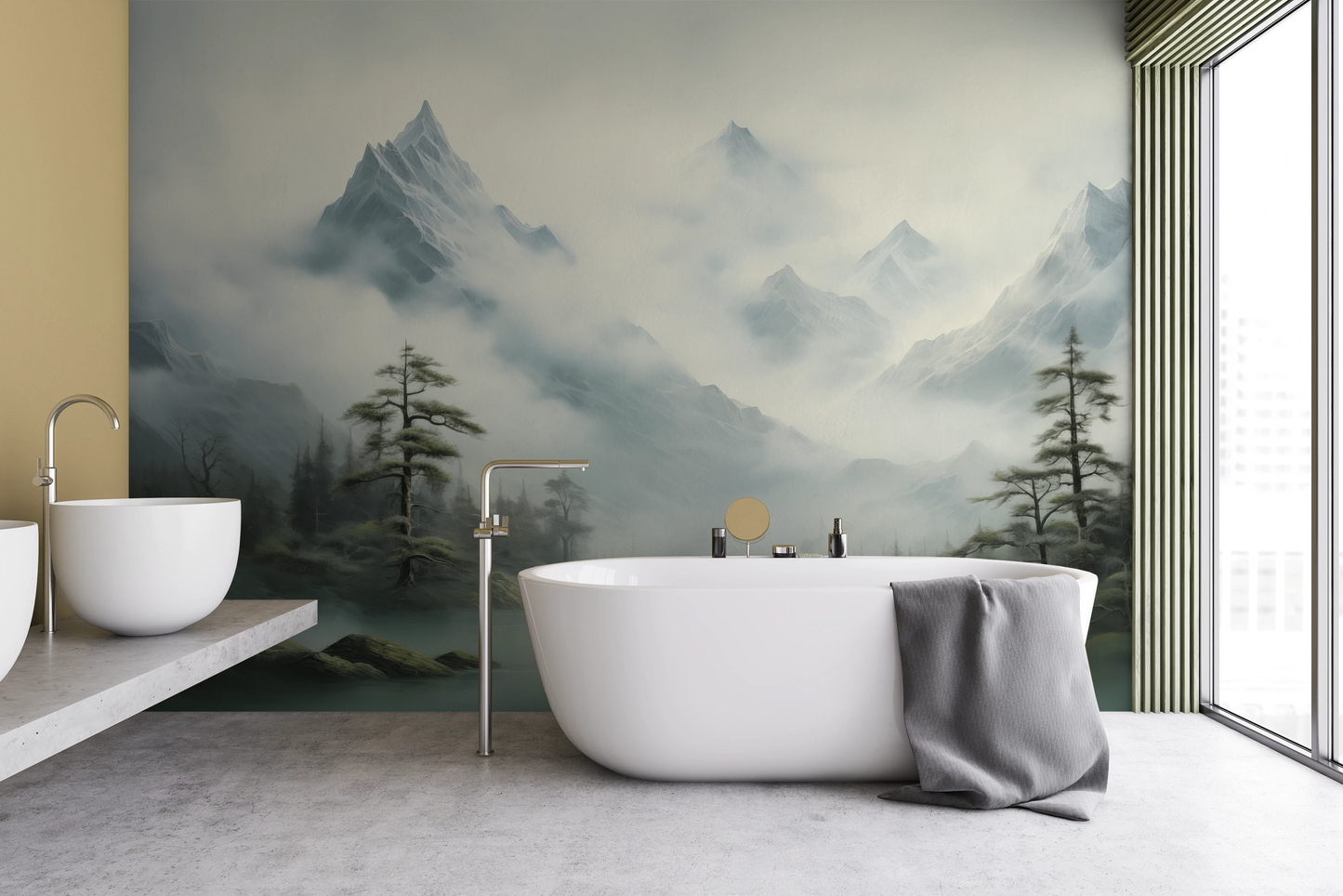 Wzór fototapety malowanej o nazwie Serene Mountain Lake pokazanej w aranżacji wnętrza.