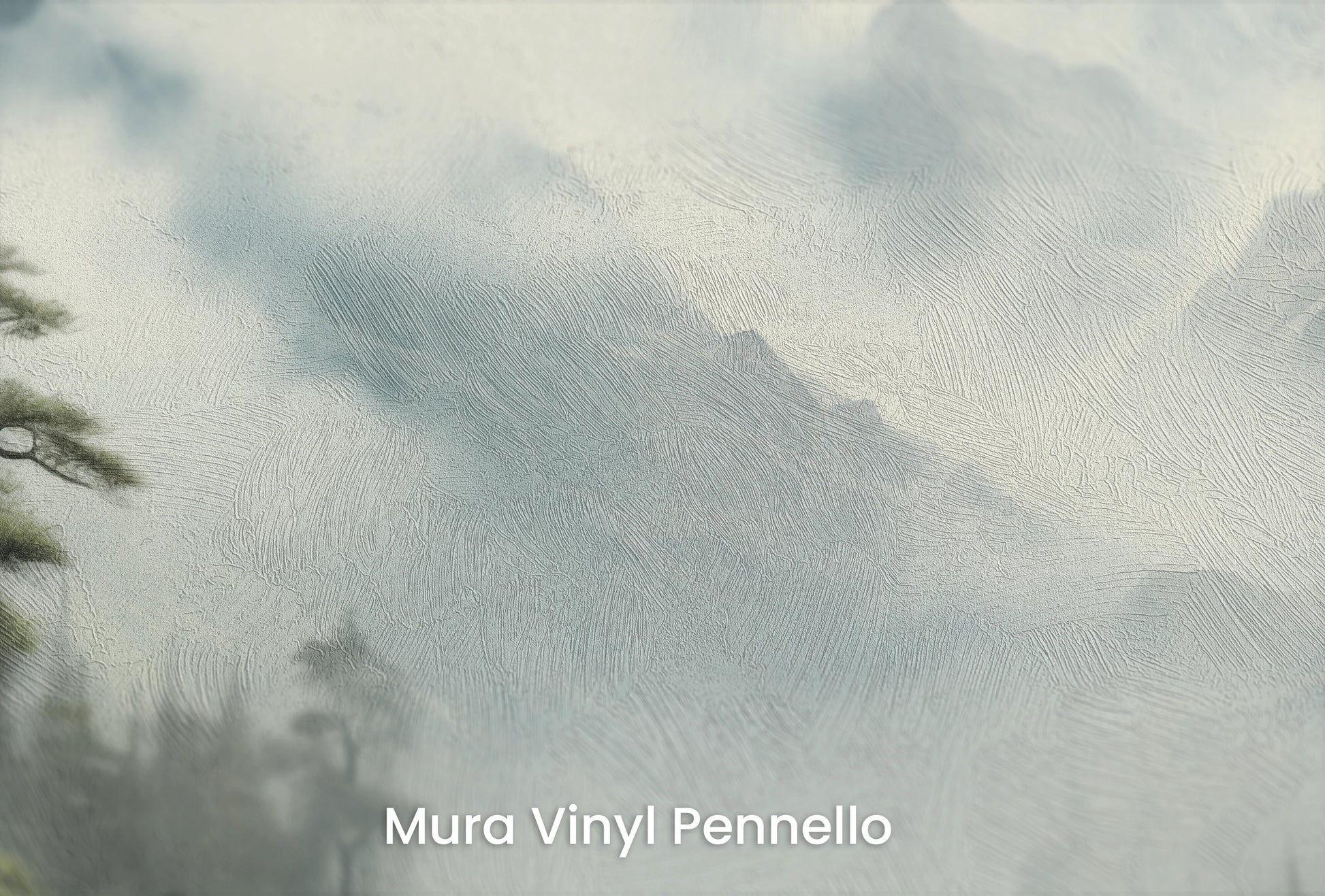 Zbliżenie na artystyczną fototapetę o nazwie Serene Mountain Lake na podłożu Mura Vinyl Pennello - faktura pociągnięć pędzla malarskiego.