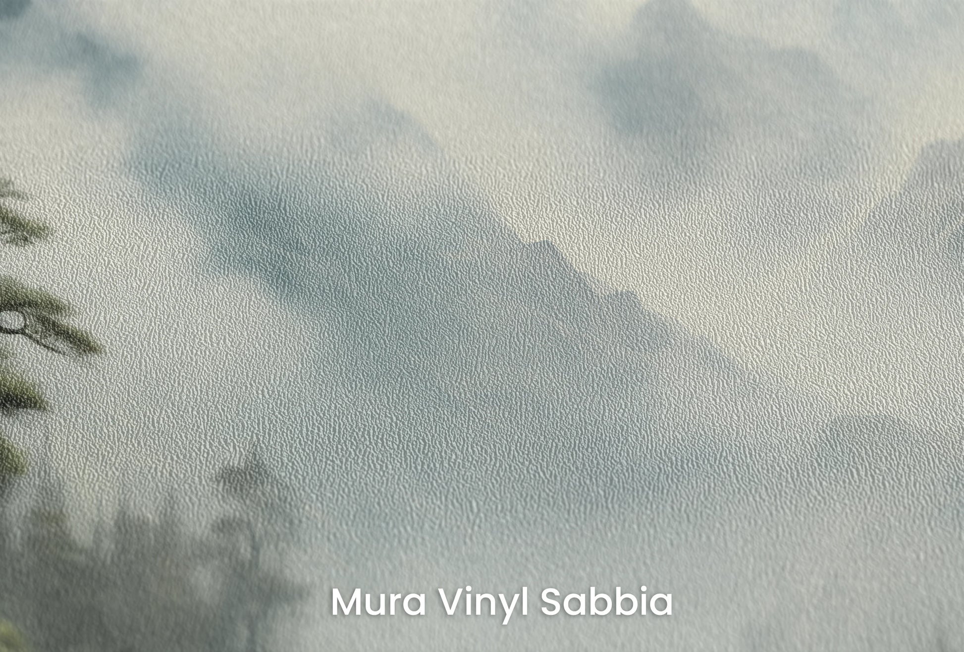 Zbliżenie na artystyczną fototapetę o nazwie Serene Mountain Lake na podłożu Mura Vinyl Sabbia struktura grubego ziarna piasku.