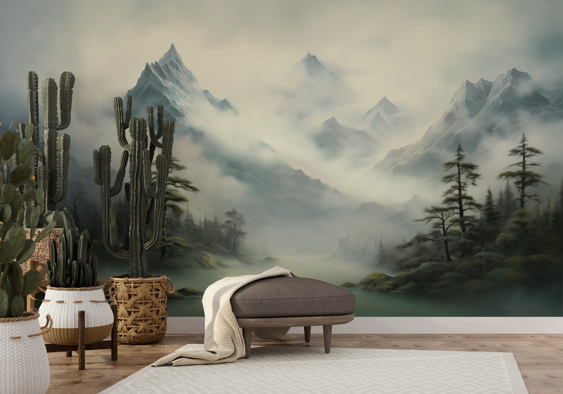 Wzór fototapety artystycznej o nazwie Serene Mountain Lake pokazanej w aranżacji wnętrza.