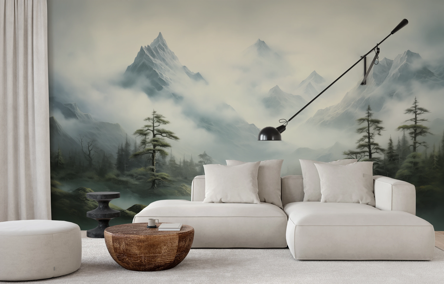 Fototapeta artystyczna o nazwie Serene Mountain Lake pokazana w aranżacji wnętrza.