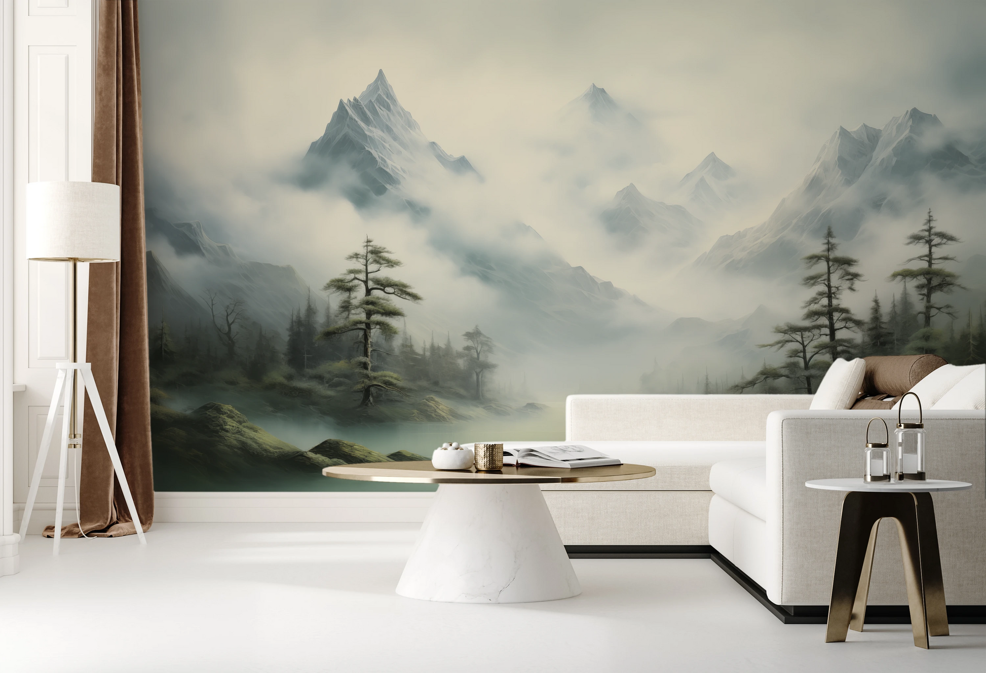 Wzór fototapety artystycznej o nazwie Serene Mountain Lake pokazanej w aranżacji wnętrza.