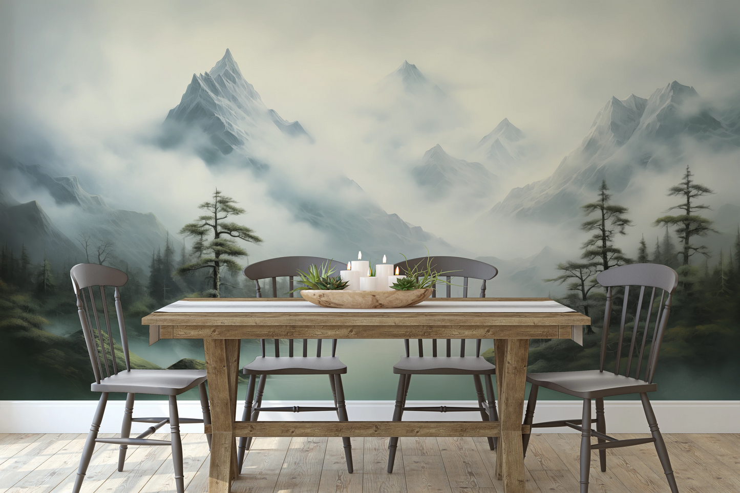 Fototapeta malowana o nazwie Serene Mountain Lake pokazana w aranżacji wnętrza.