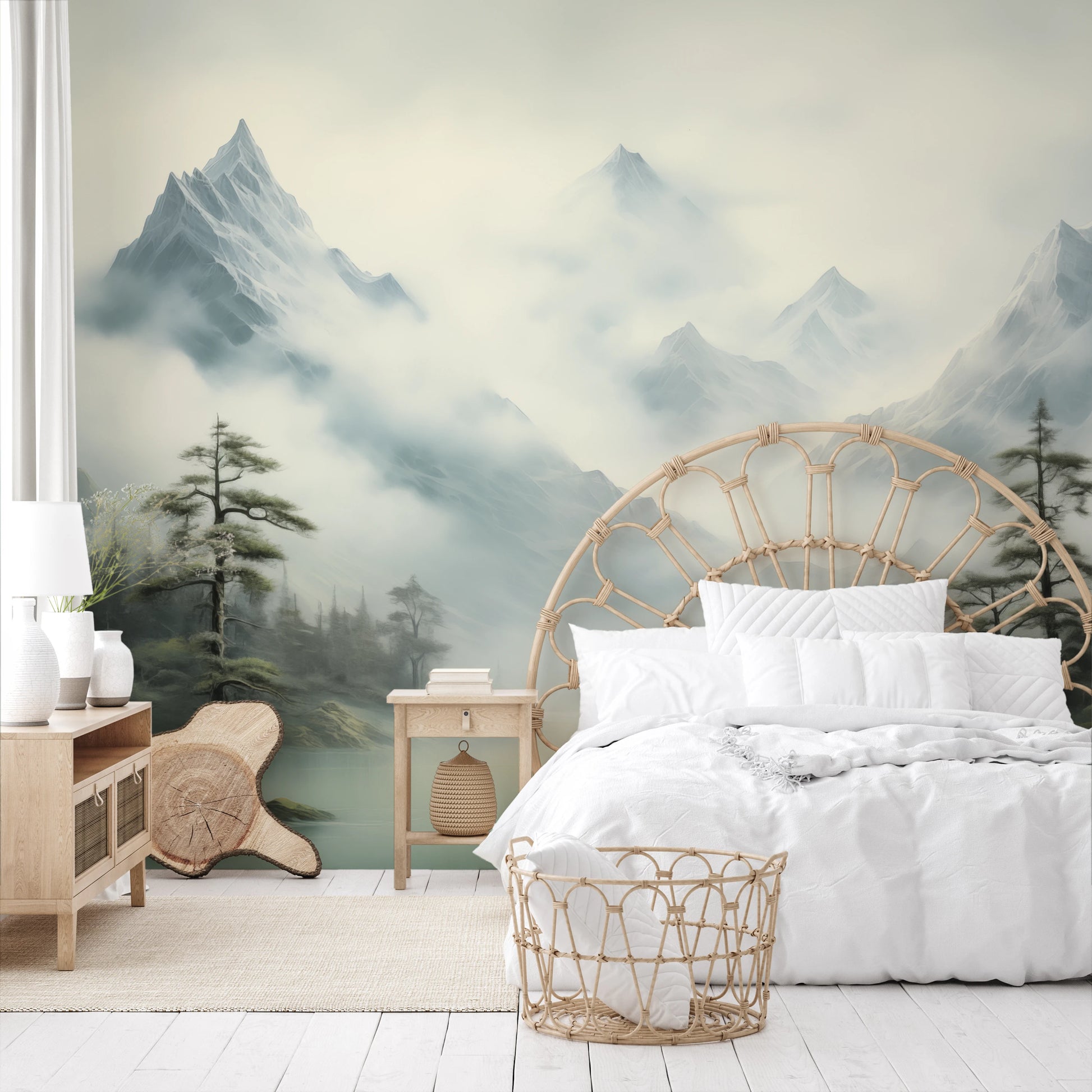 Wzór fototapety o nazwie Serene Mountain Lake pokazanej w kontekście pomieszczenia.