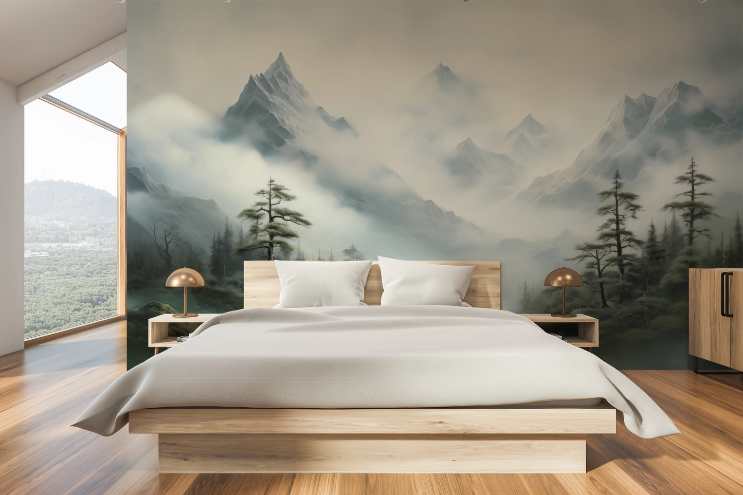 Zdjęcie prezentuje aranżację wnętrza z użyciem fototapety o nazwie Serene Mountain Lake pokazanej w aranżacji wnętrza.