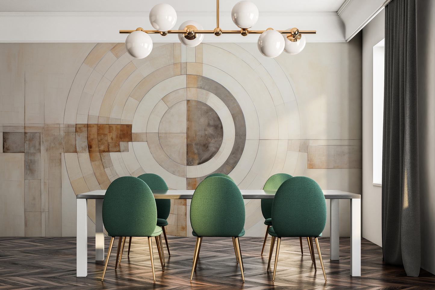 Wzór fototapety artystycznej o nazwie ARCHITECTURAL ORBITAL DESIGN #2 pokazanej w aranżacji wnętrza.