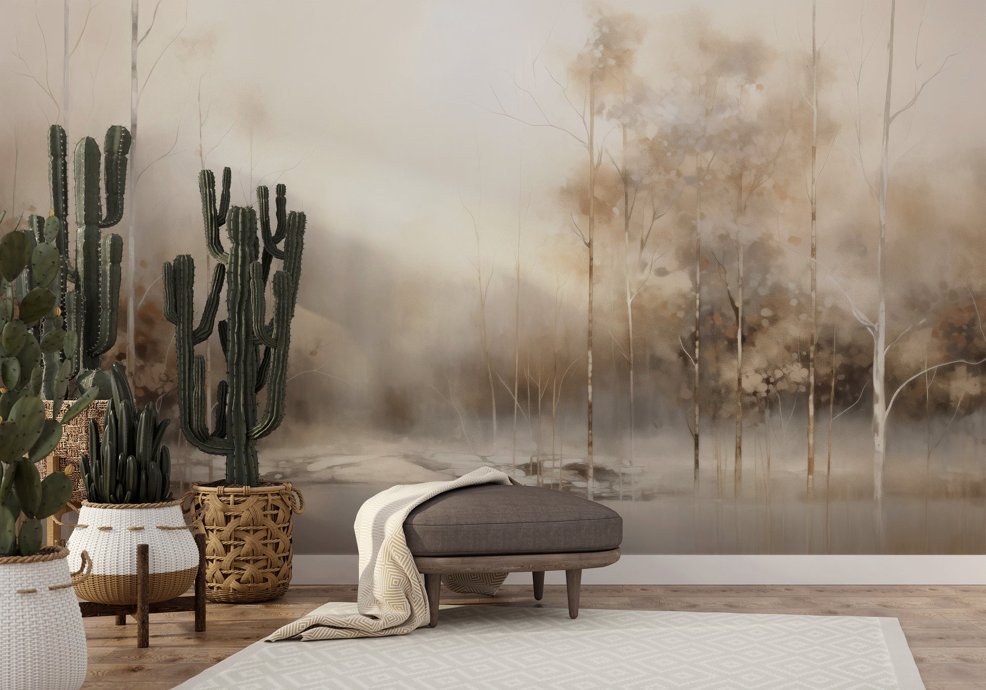 Wzór fototapety malowanej o nazwie SERENE WATERS EDGE MURAL pokazanej w aranżacji wnętrza.