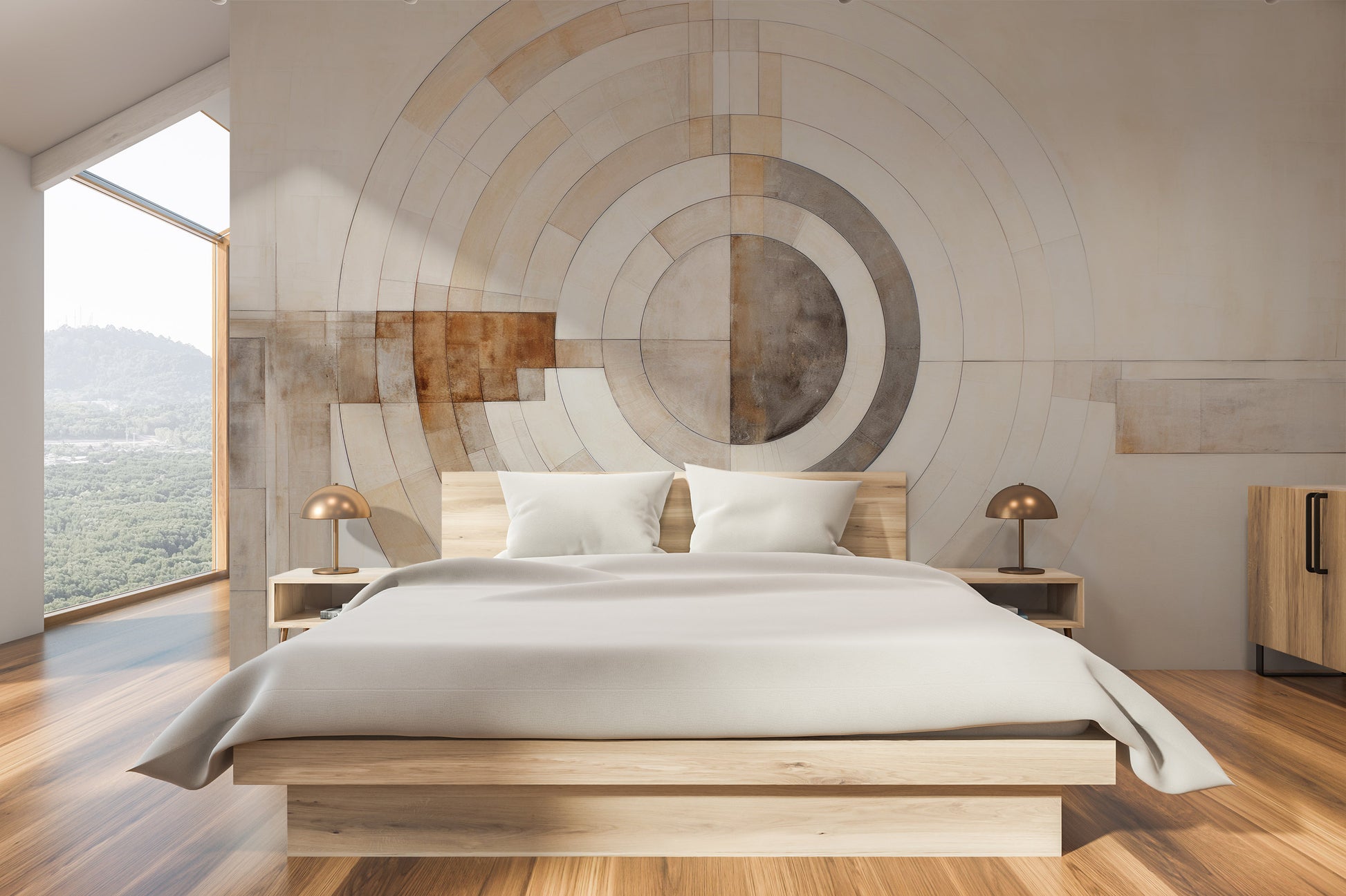 Zdjęcie prezentuje aranżację wnętrza z użyciem fototapety o nazwie ARCHITECTURAL ORBITAL DESIGN #2 pokazanej w aranżacji wnętrza.