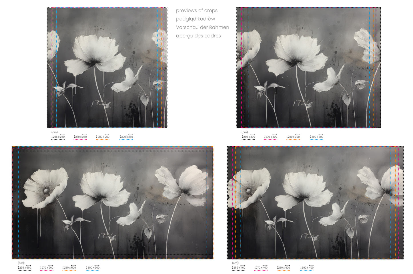 Na obrazie znajduje się prezentacja przykładowych rozmiarów fototapety o nazwie MONOCHROME MEADOW. Rozmiar fototapety jest dowolny.