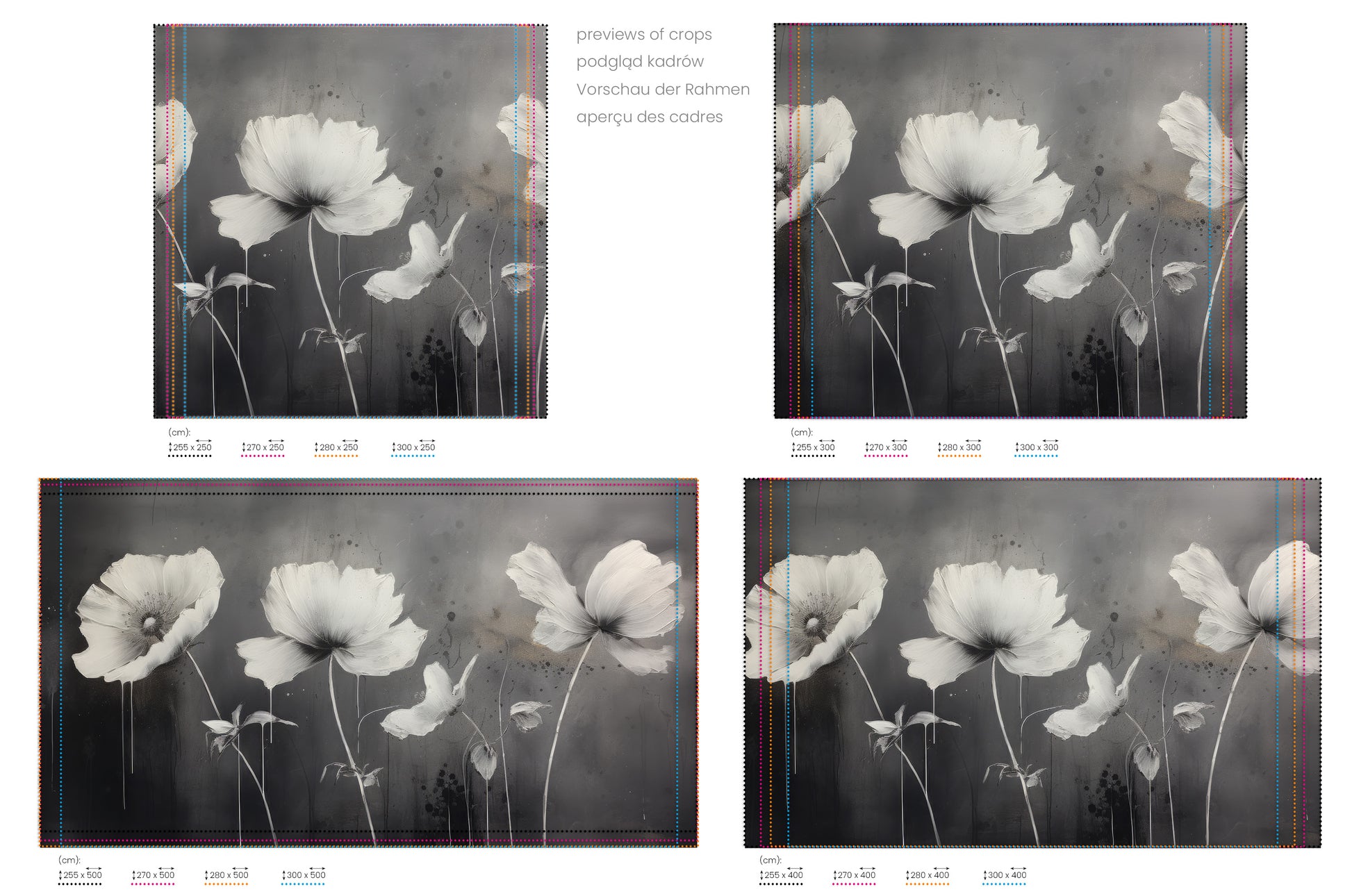 Na obrazie znajduje się prezentacja przykładowych rozmiarów fototapety o nazwie MONOCHROME MEADOW. Rozmiar fototapety jest dowolny.