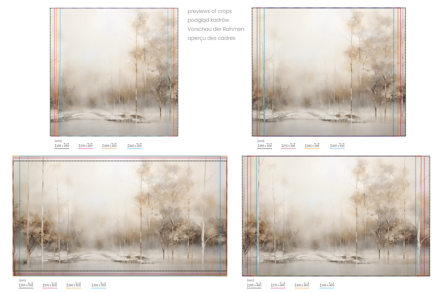 Na obrazie znajduje się prezentacja przykładowych rozmiarów fototapety o nazwie SERENE WATERS EDGE MURAL. Rozmiar fototapety jest dowolny.