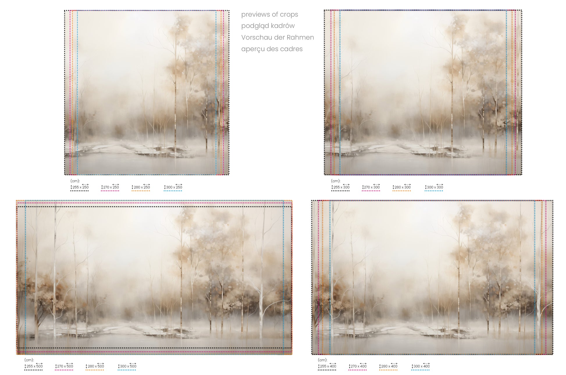 Na obrazie znajduje się prezentacja przykładowych rozmiarów fototapety o nazwie SERENE WATERS EDGE MURAL. Rozmiar fototapety jest dowolny.