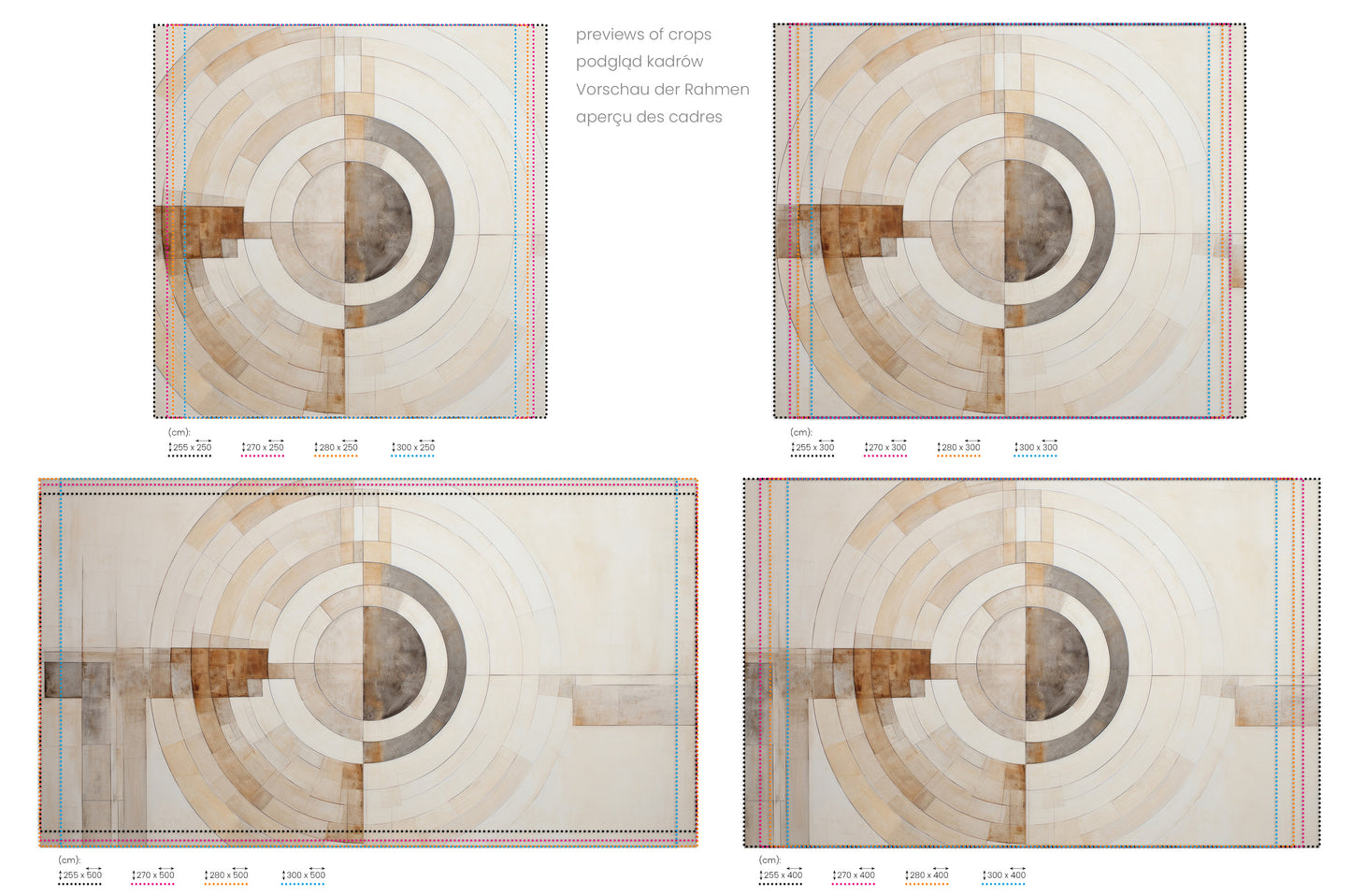 Na obrazie znajduje się prezentacja przykładowych rozmiarów fototapety o nazwie ARCHITECTURAL ORBITAL DESIGN #2. Rozmiar fototapety jest dowolny.