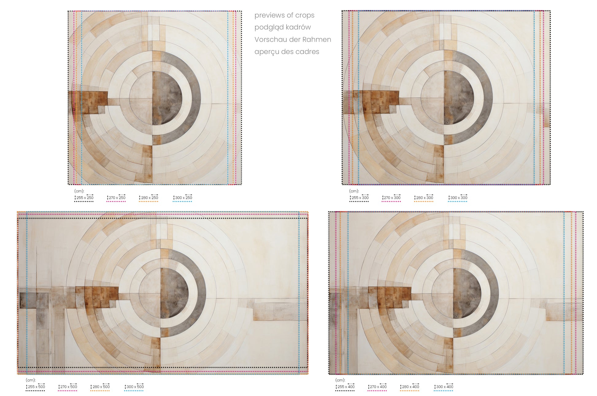 Na obrazie znajduje się prezentacja przykładowych rozmiarów fototapety o nazwie ARCHITECTURAL ORBITAL DESIGN #2. Rozmiar fototapety jest dowolny.