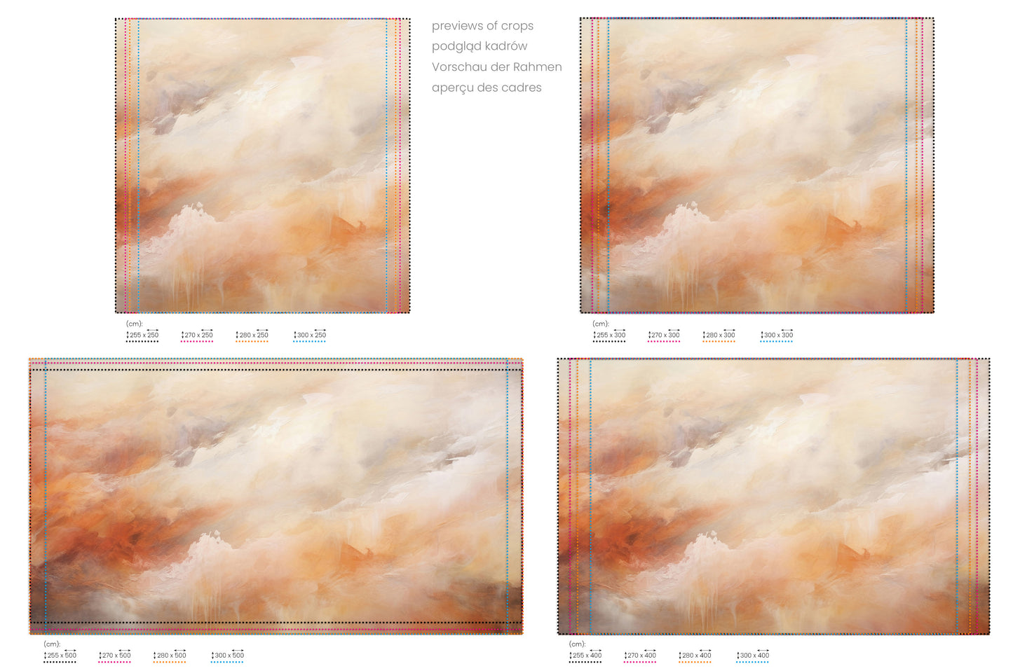 Na obrazie znajduje się prezentacja przykładowych rozmiarów fototapety o nazwie ETHEREAL FLAME CANVAS. Rozmiar fototapety jest dowolny.