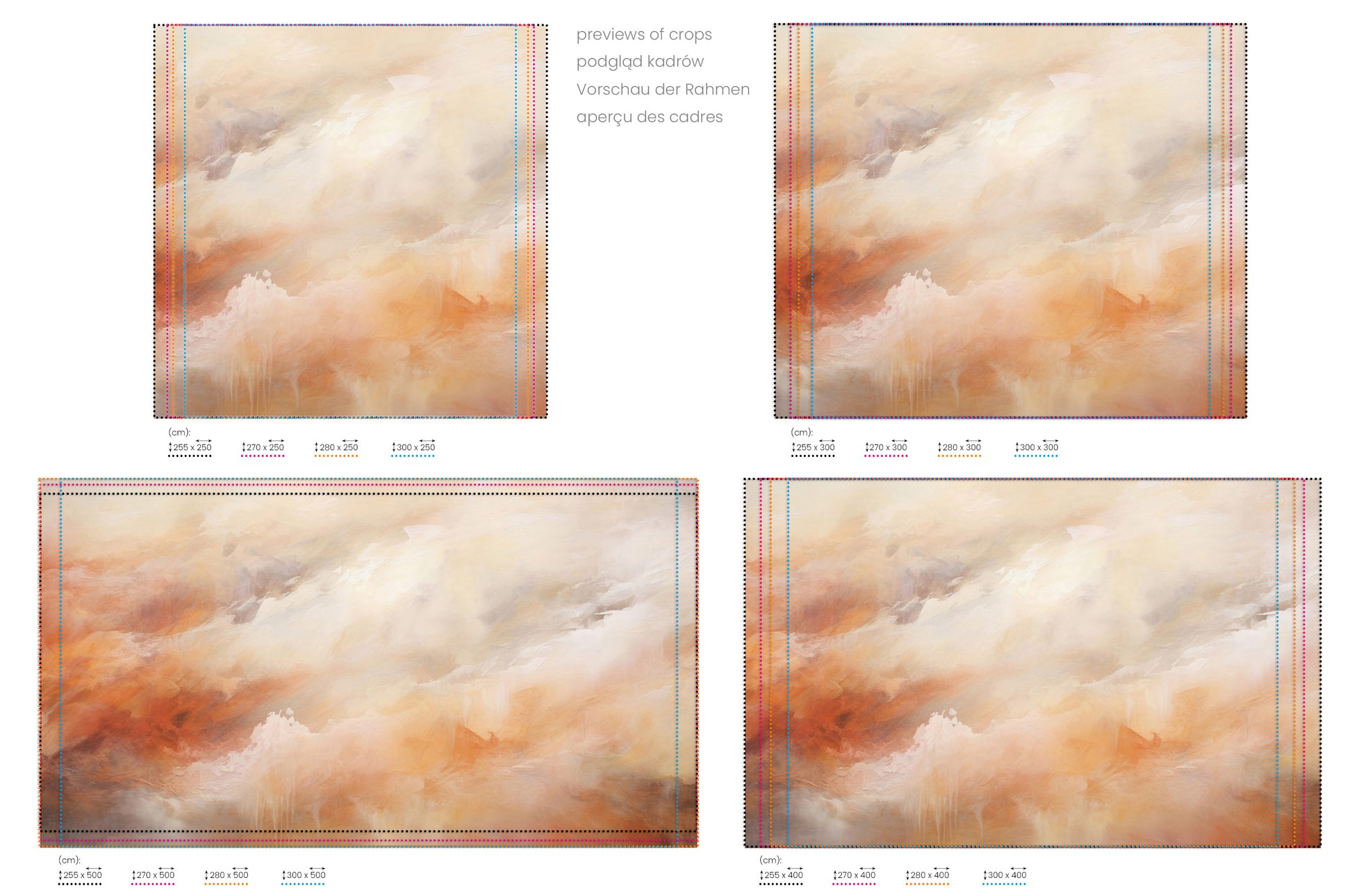 Na obrazie znajduje się prezentacja przykładowych rozmiarów fototapety o nazwie ETHEREAL FLAME CANVAS. Rozmiar fototapety jest dowolny.