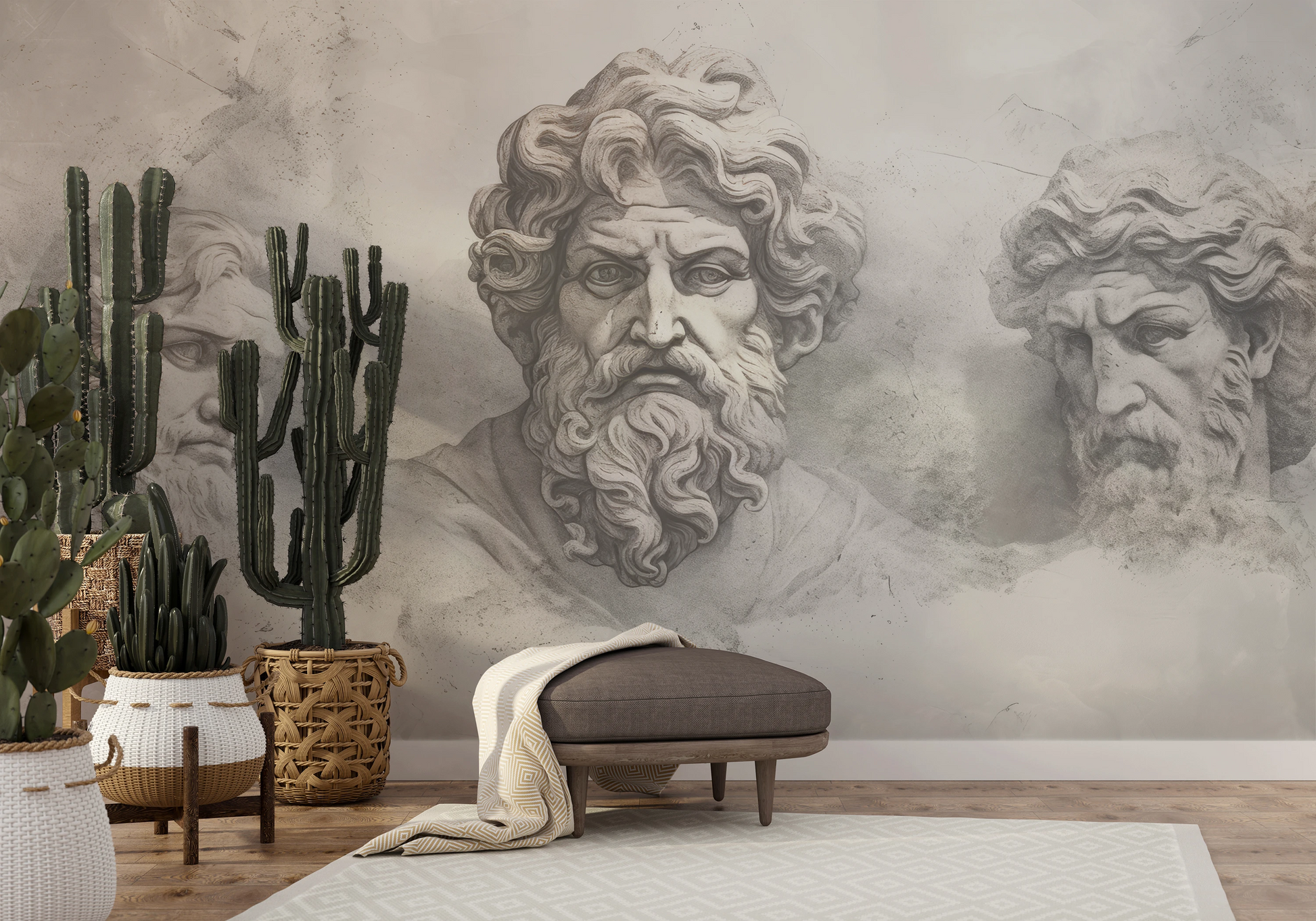 Zdjęcie prezentuje aranżację wnętrza z użyciem fototapety o nazwie Epicurus's Legacy pokazanej w aranżacji wnętrza.