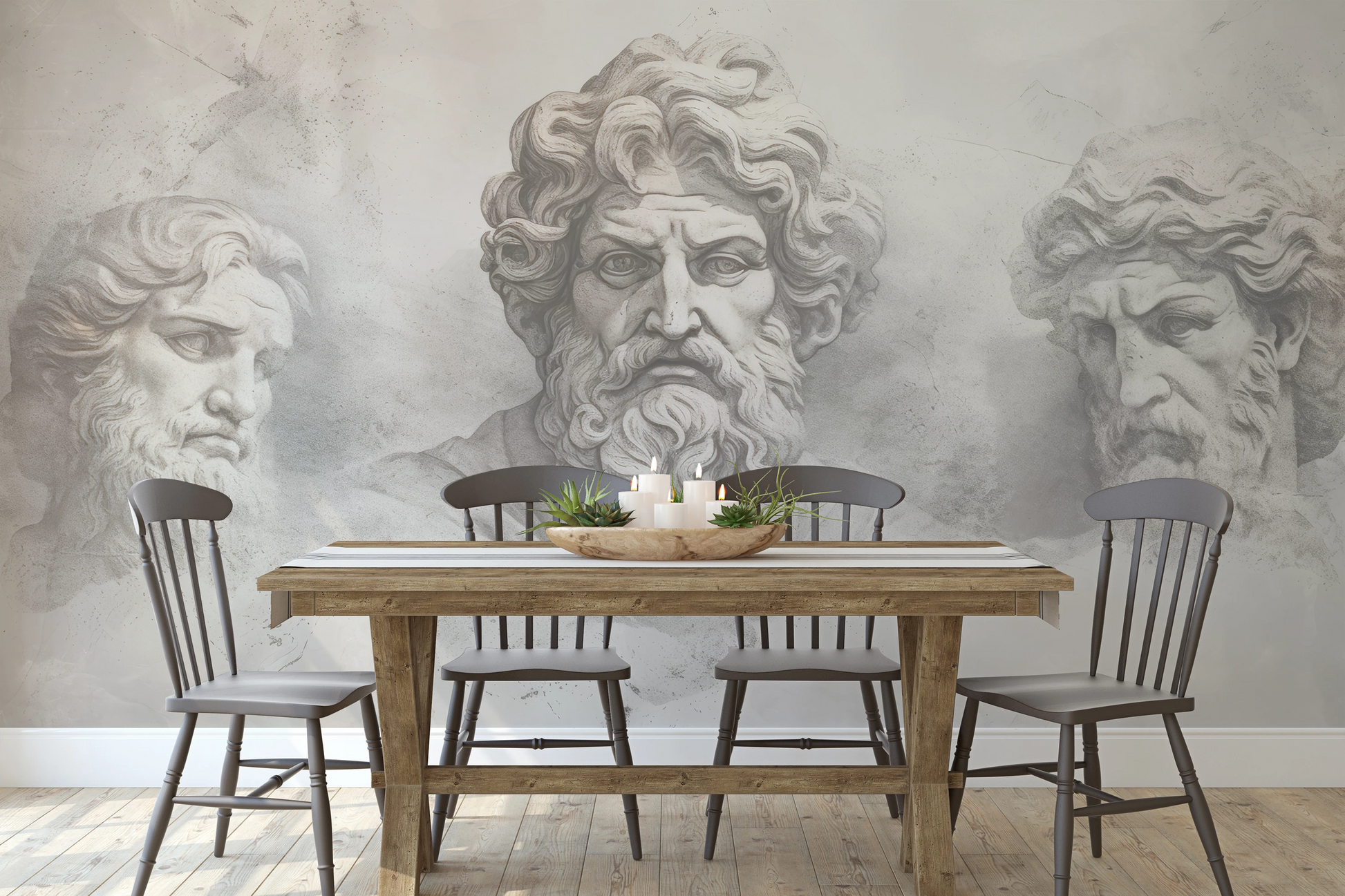 Wzór fototapety artystycznej o nazwie Epicurus's Legacy pokazanej w aranżacji wnętrza.