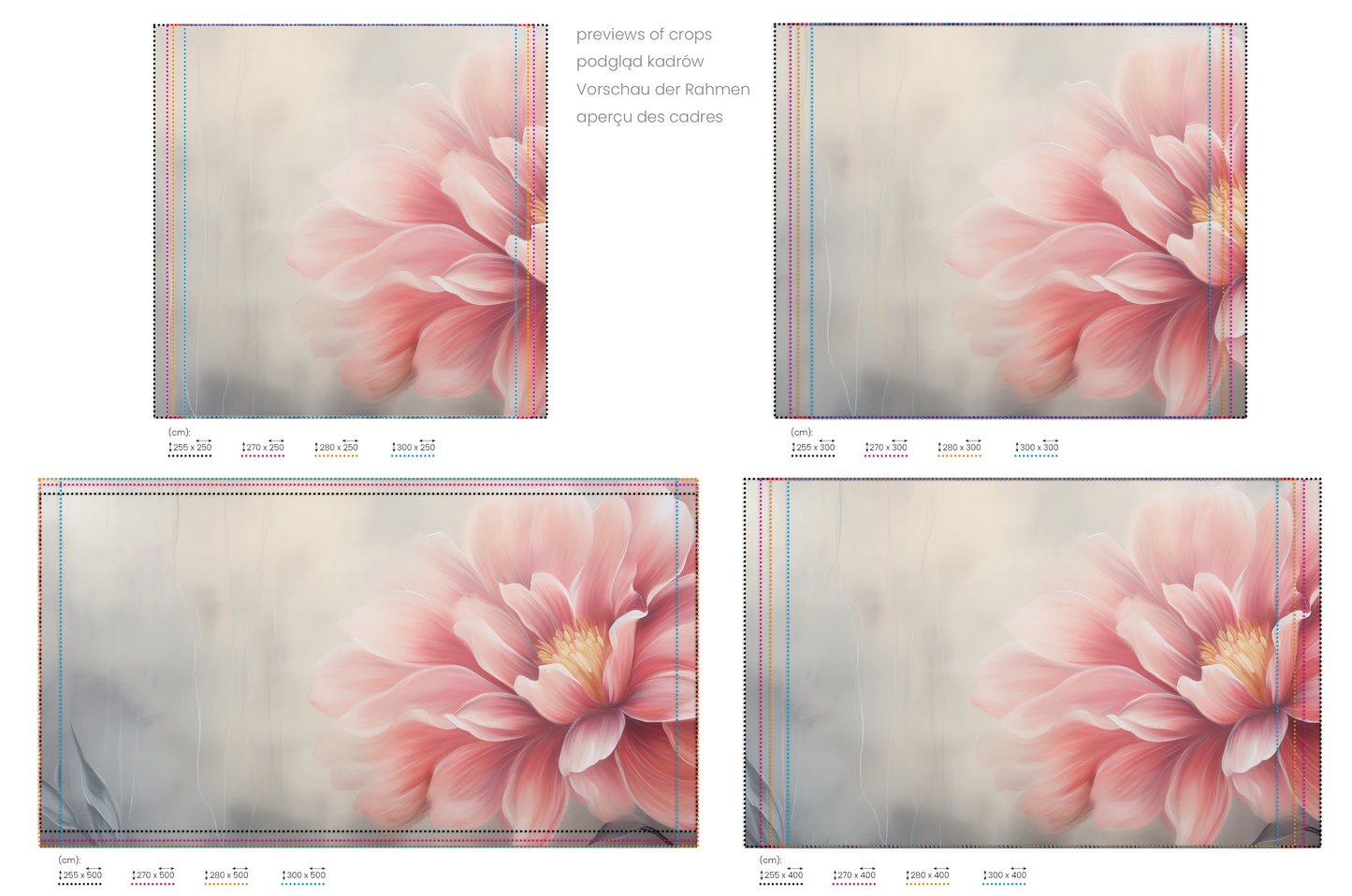 Na obrazie znajduje się prezentacja przykładowych rozmiarów fototapety o nazwie Coral Bloom. Rozmiar fototapety jest dowolny.