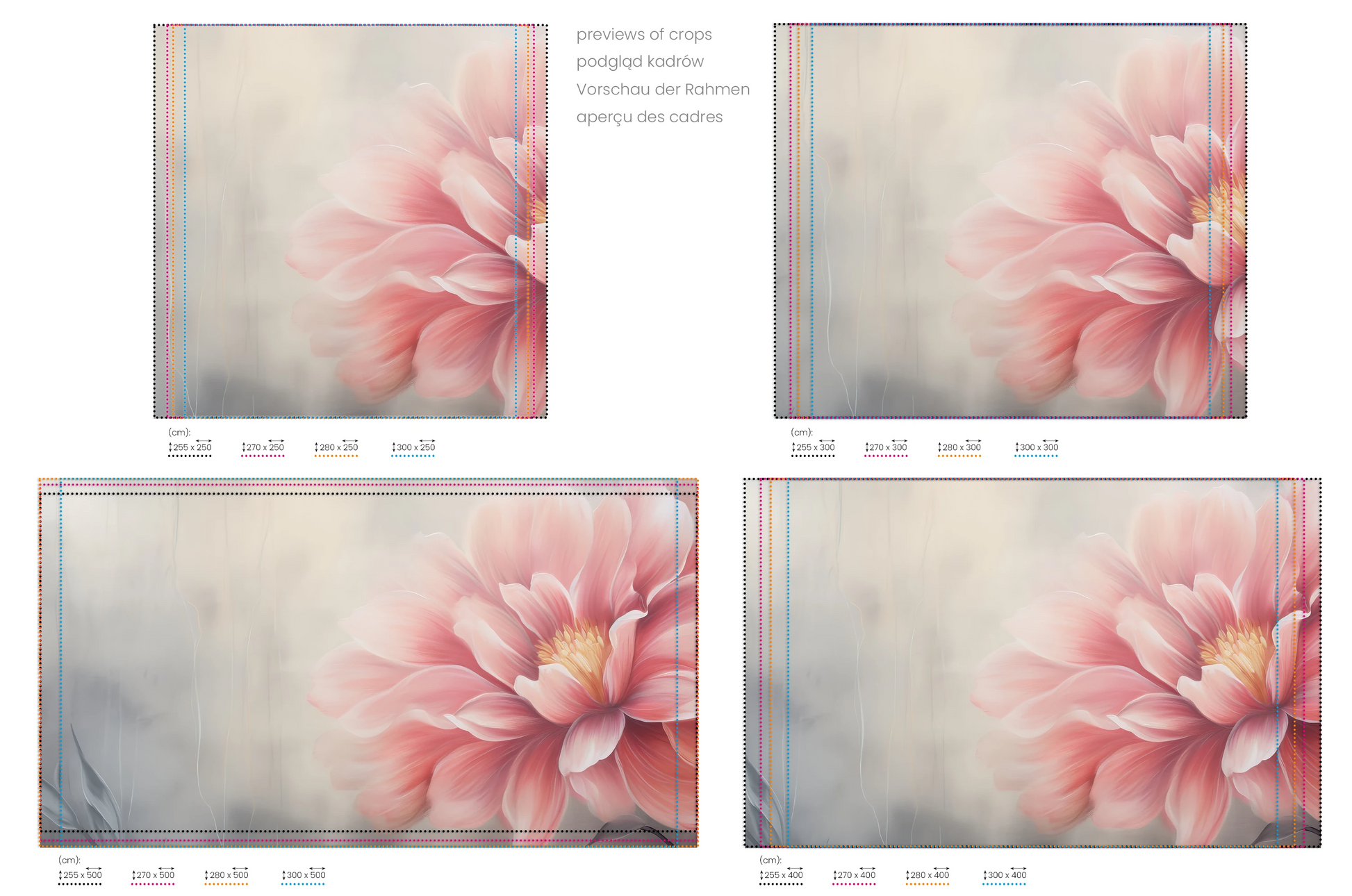 Na obrazie znajduje się prezentacja przykładowych rozmiarów fototapety o nazwie Coral Bloom. Rozmiar fototapety jest dowolny.