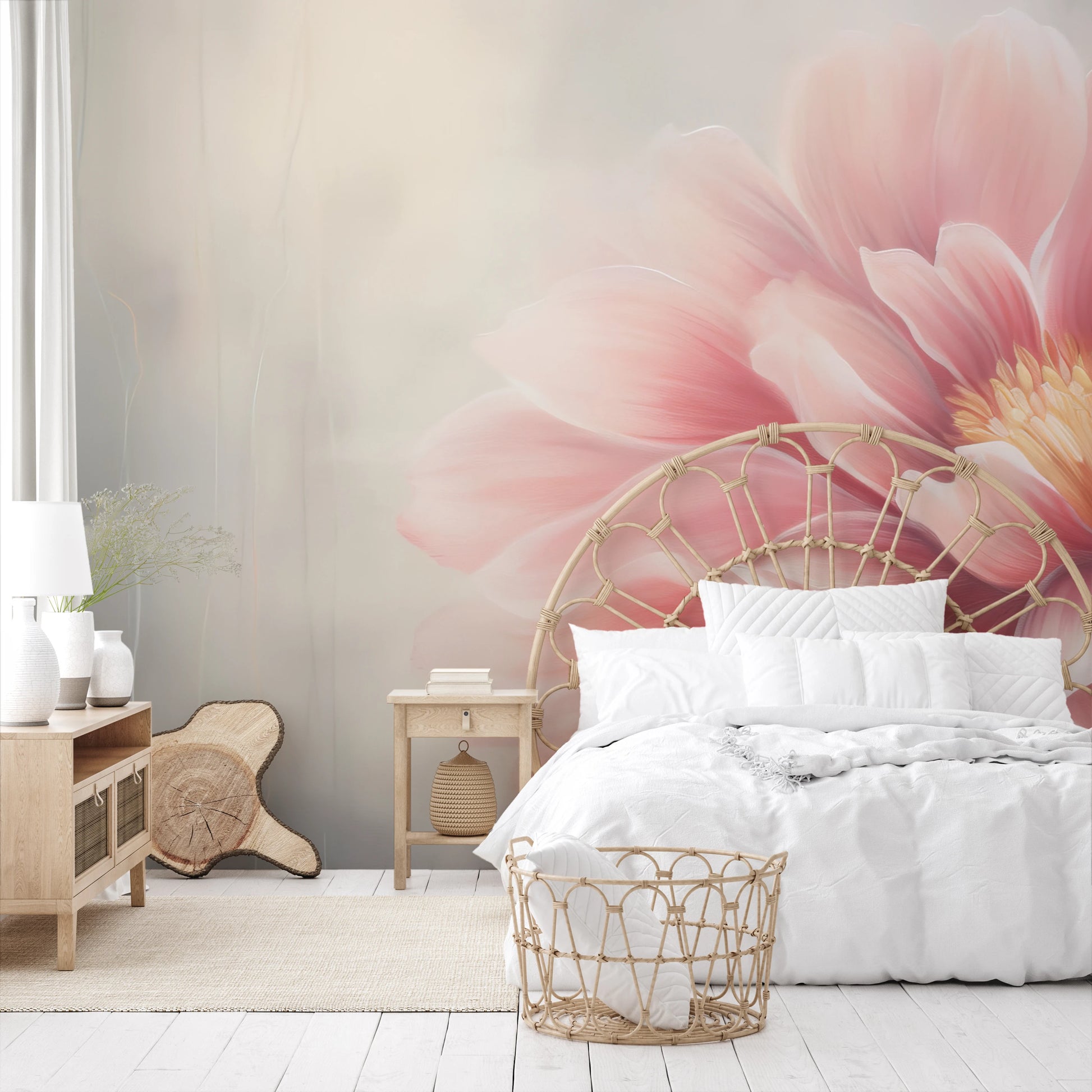 Wzór fototapety artystycznej o nazwie Coral Bloom pokazanej w aranżacji wnętrza.