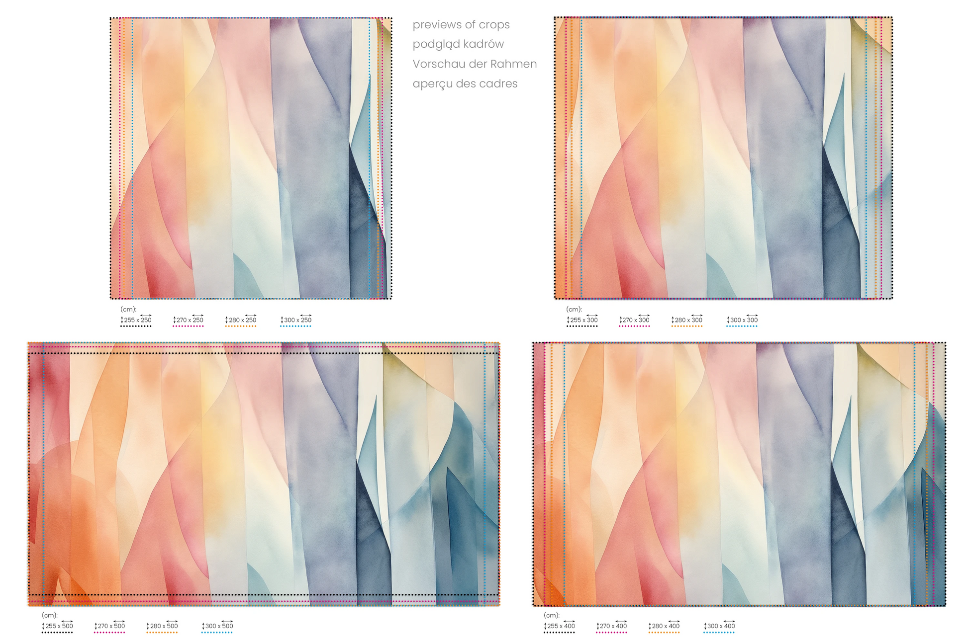 Na obrazie znajduje się prezentacja przykładowych rozmiarów fototapety o nazwie Pastel Geometry. Rozmiar fototapety jest dowolny.