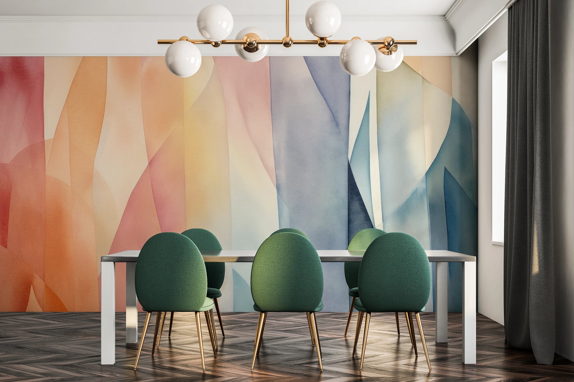 Wzór fototapety o nazwie Pastel Geometry pokazanej w kontekście pomieszczenia.