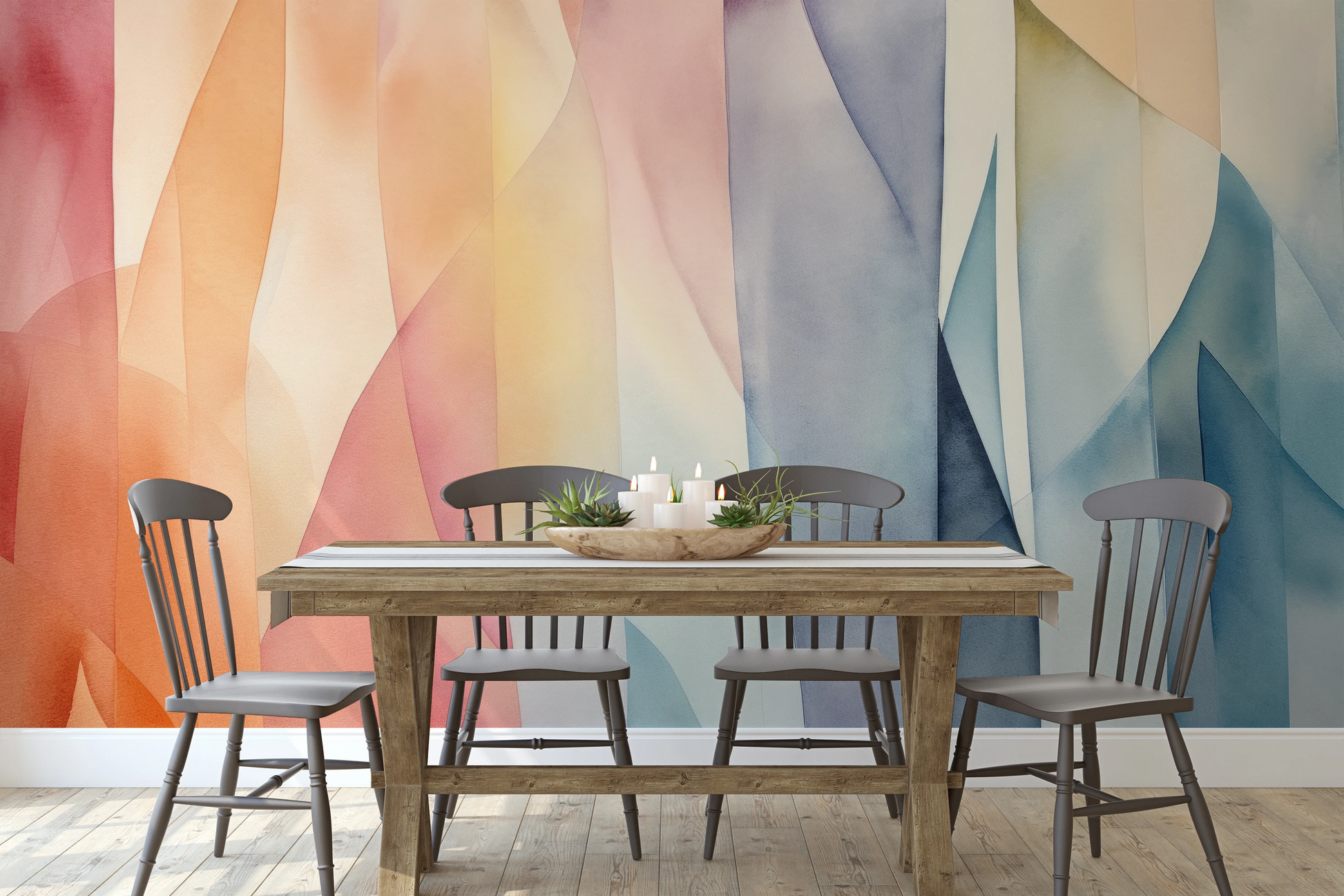 Fototapeta malowana o nazwie Pastel Geometry pokazana w aranżacji wnętrza.