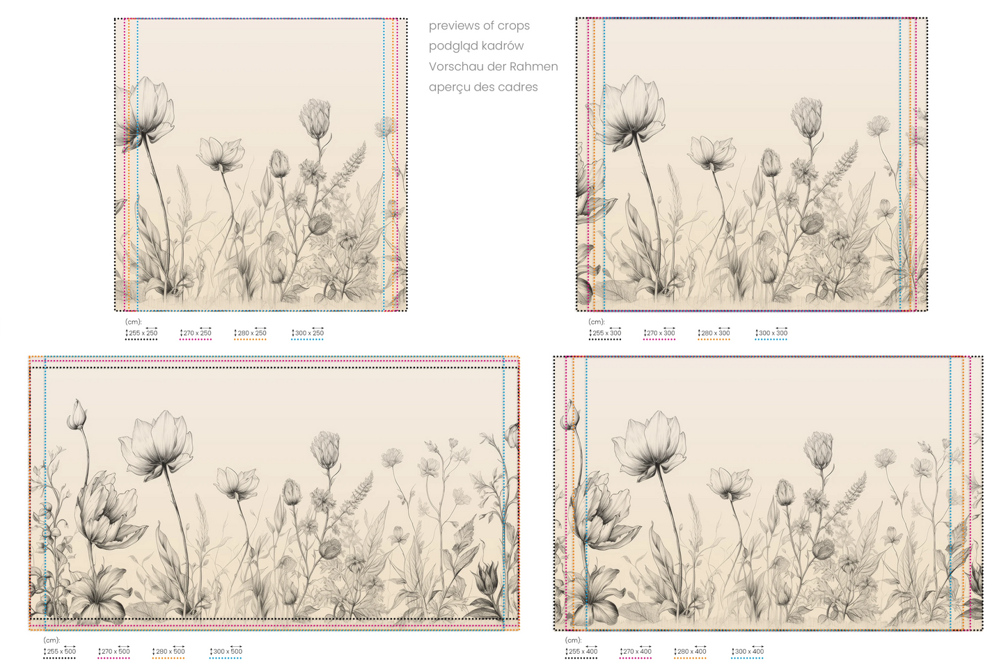 Na obrazie znajduje się prezentacja przykładowych rozmiarów fototapety o nazwie Herbaceous Illustration. Rozmiar fototapety jest dowolny.