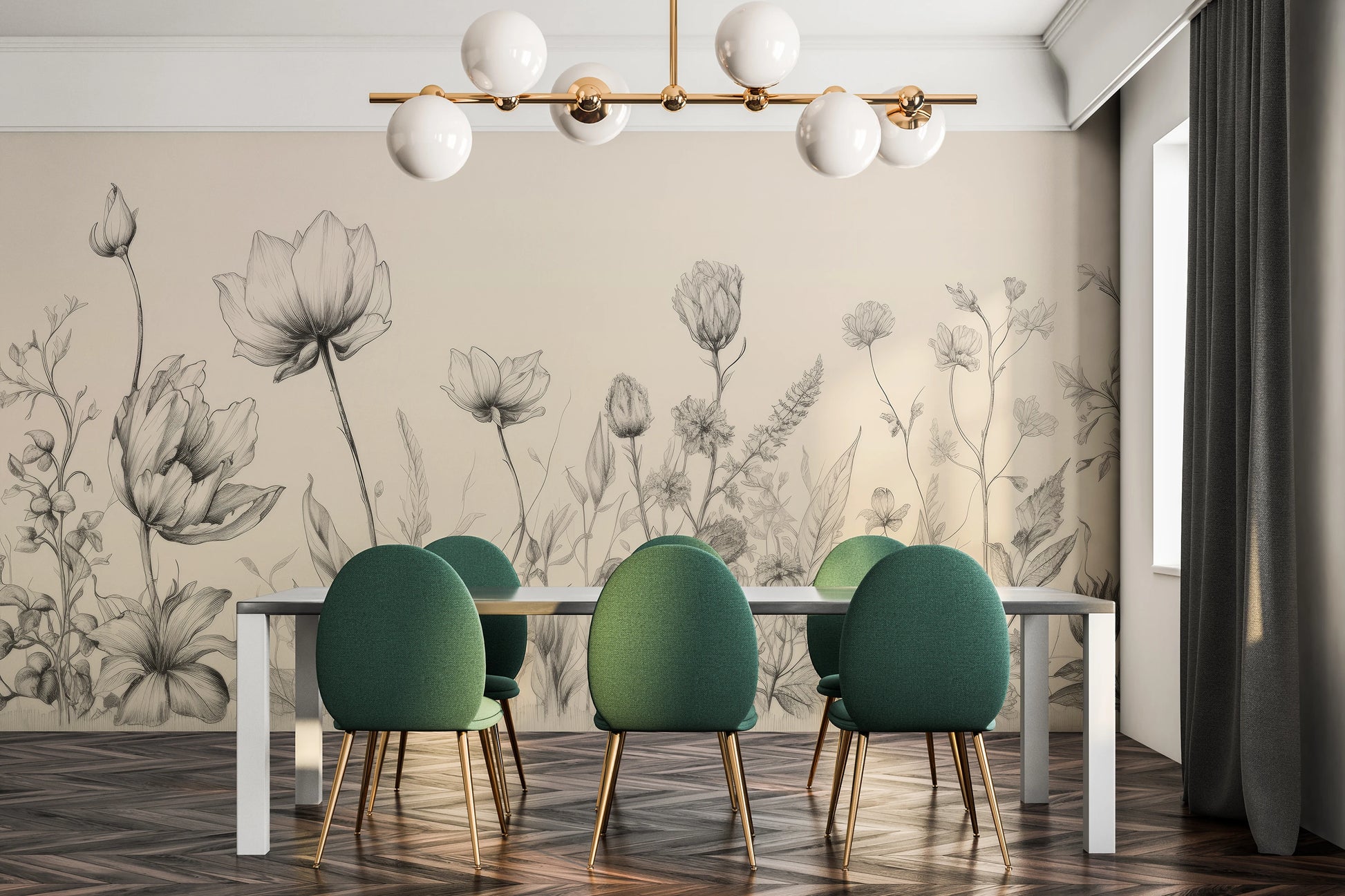 Wzór fototapety malowanej o nazwie Herbaceous Illustration pokazanej w aranżacji wnętrza.