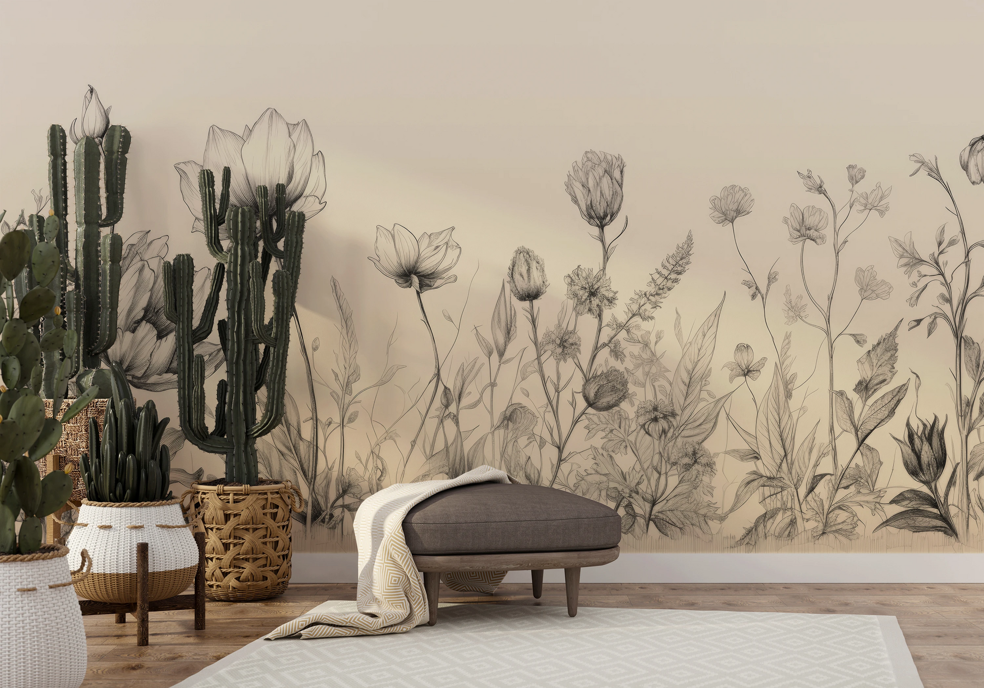 Wzór fototapety artystycznej o nazwie Herbaceous Illustration pokazanej w aranżacji wnętrza.