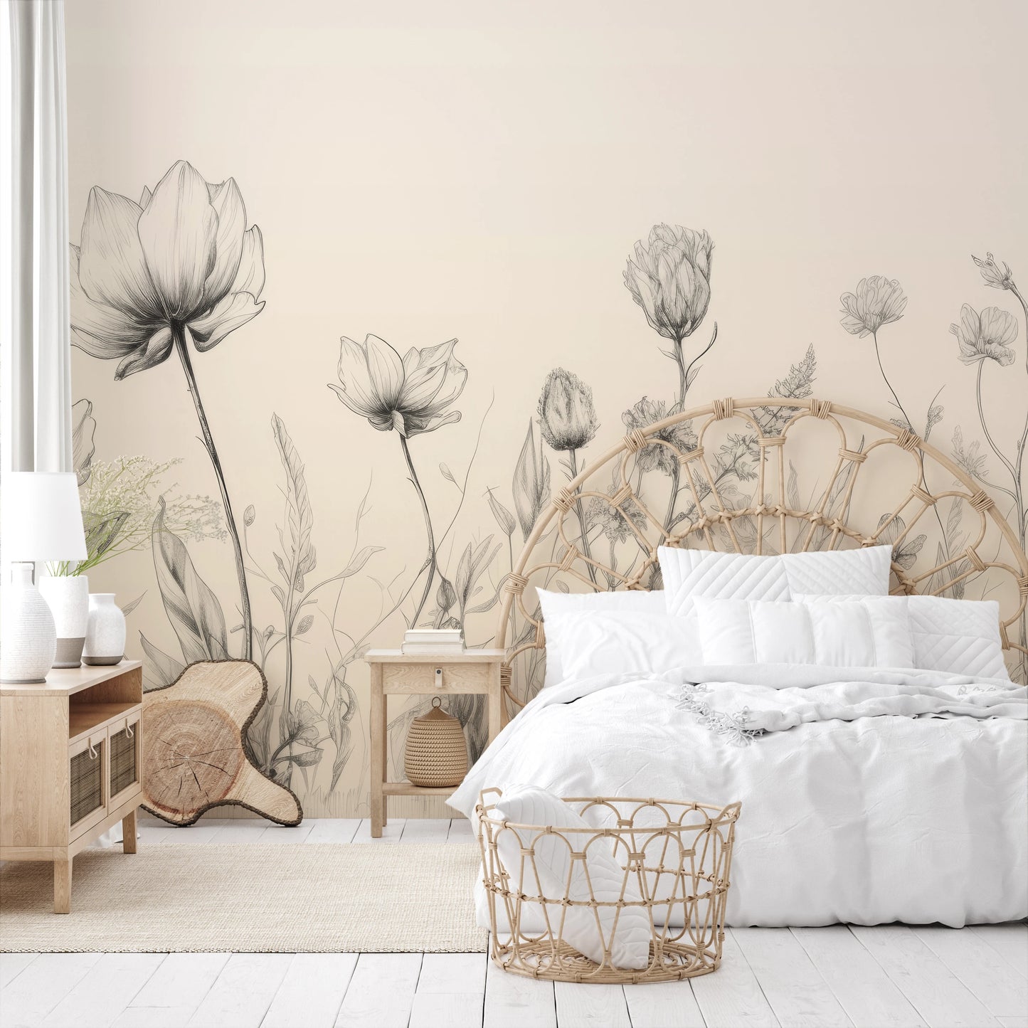 Zdjęcie prezentuje aranżację wnętrza z użyciem fototapety o nazwie Herbaceous Illustration pokazanej w aranżacji wnętrza.