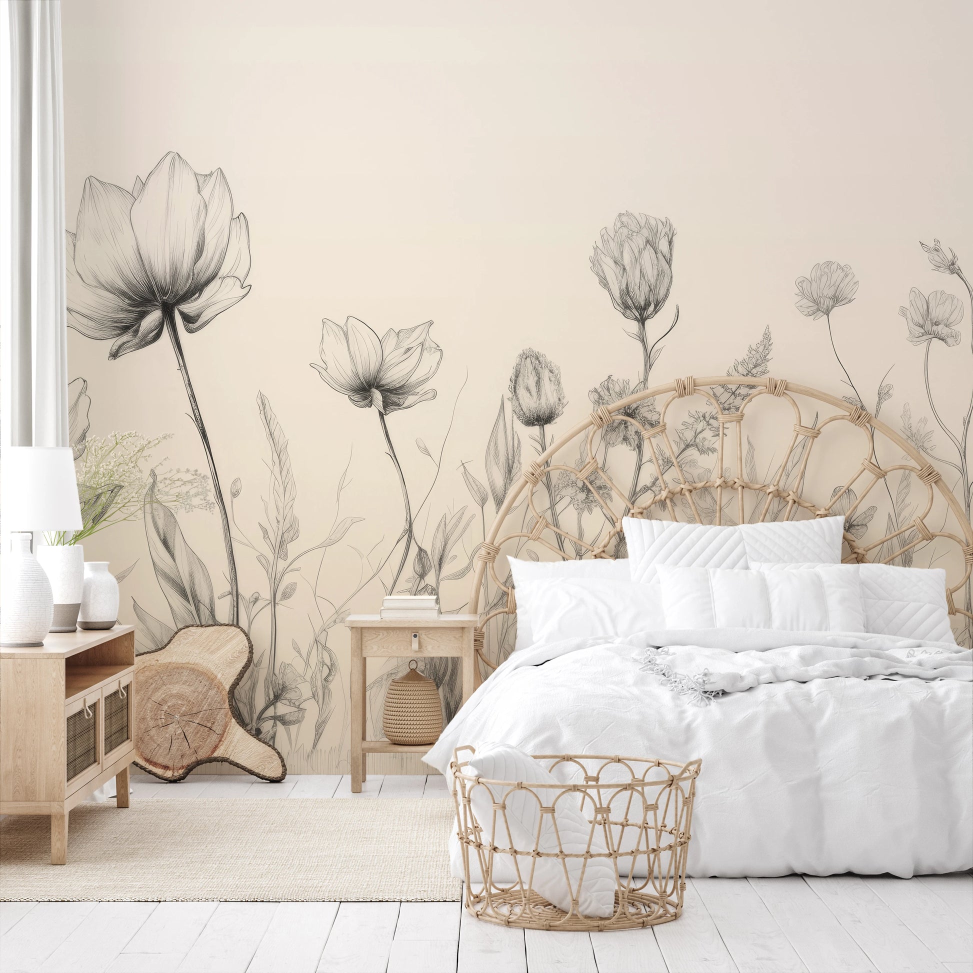 Zdjęcie prezentuje aranżację wnętrza z użyciem fototapety o nazwie Herbaceous Illustration pokazanej w aranżacji wnętrza.