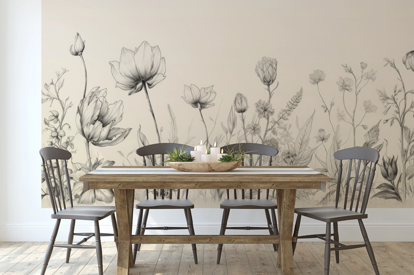 Wzór fototapety artystycznej o nazwie Herbaceous Illustration pokazanej w aranżacji wnętrza.