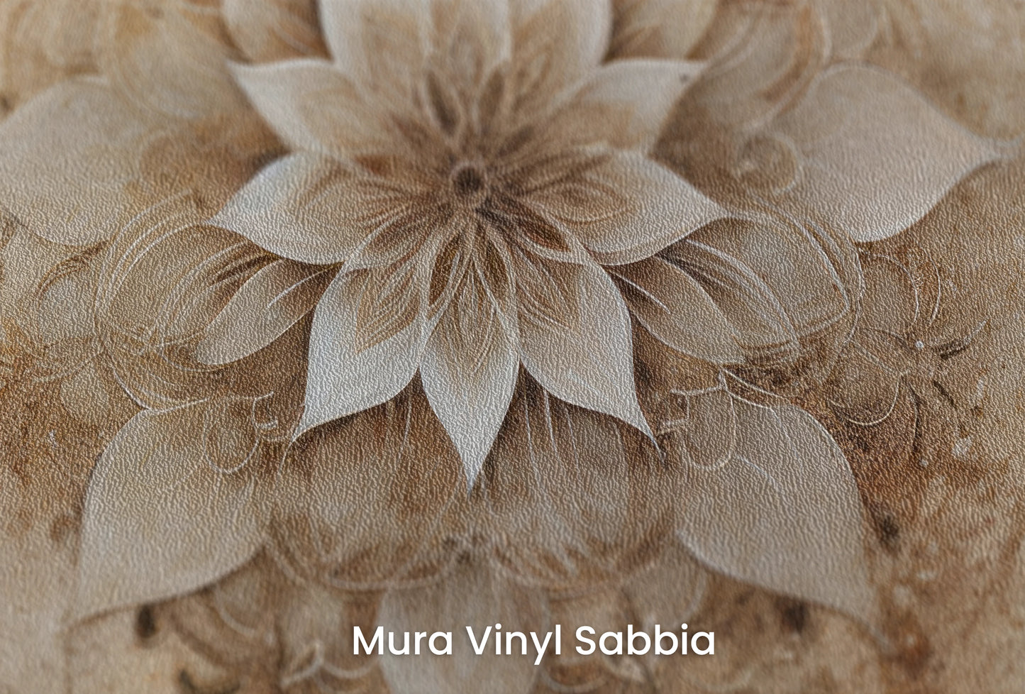 Zbliżenie na artystyczną fototapetę o nazwie Verdant Geometrics na podłożu Mura Vinyl Sabbia struktura grubego ziarna piasku.