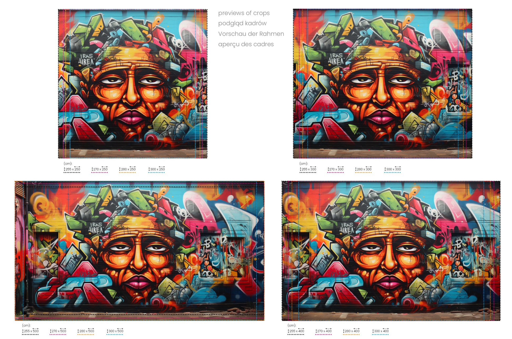 Na obrazie znajduje się prezentacja przykładowych rozmiarów fototapety o nazwie Cultural Fusion. Rozmiar fototapety jest dowolny.