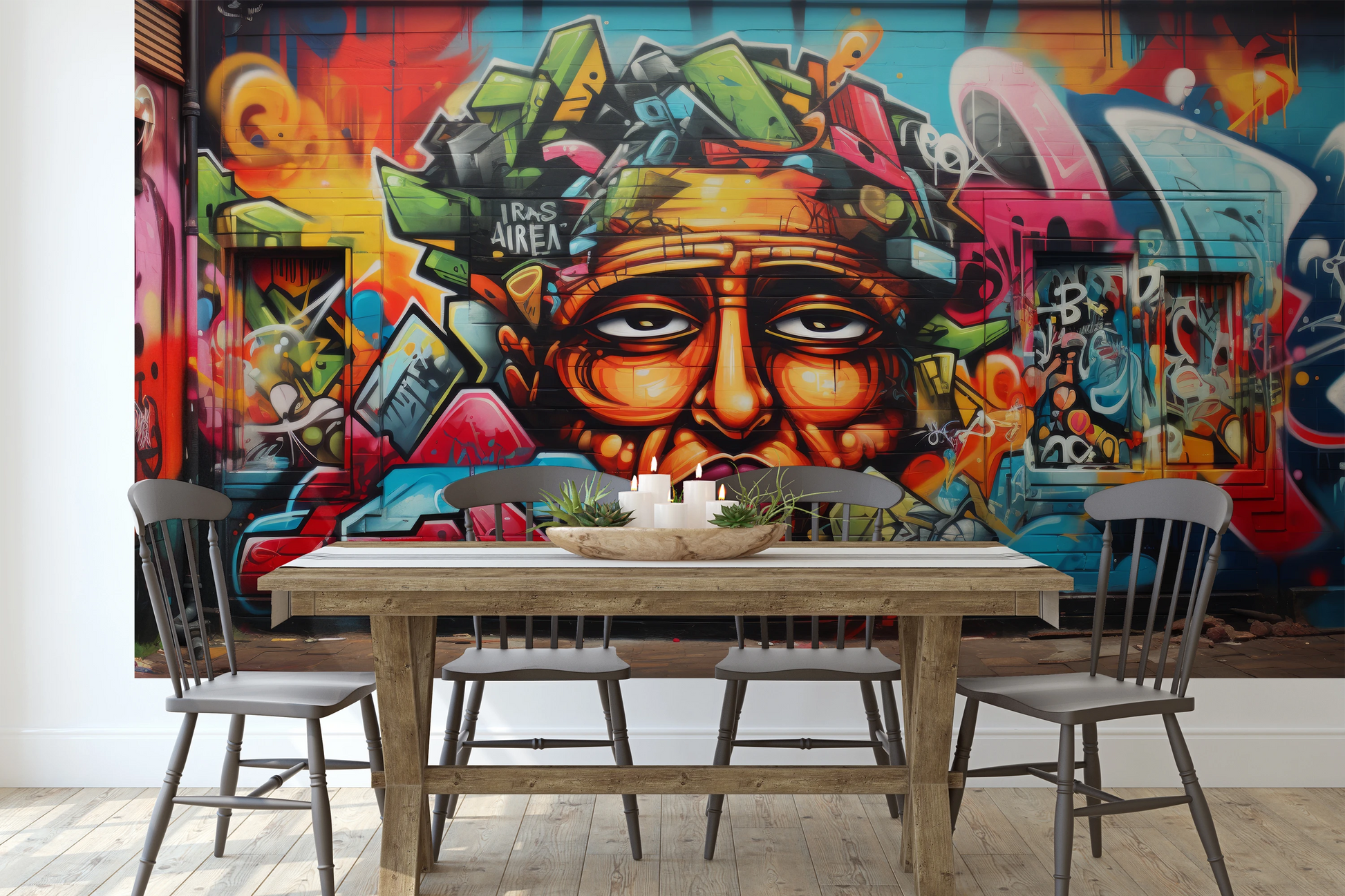 Wzór fototapety malowanej o nazwie Cultural Fusion pokazanej w aranżacji wnętrza.