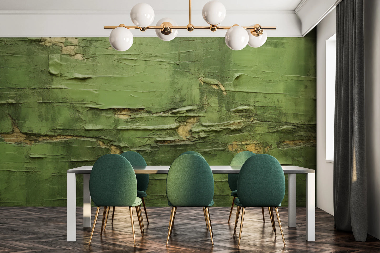 Wzór fototapety malowanej o nazwie Verdant Crumble pokazanej w aranżacji wnętrza.