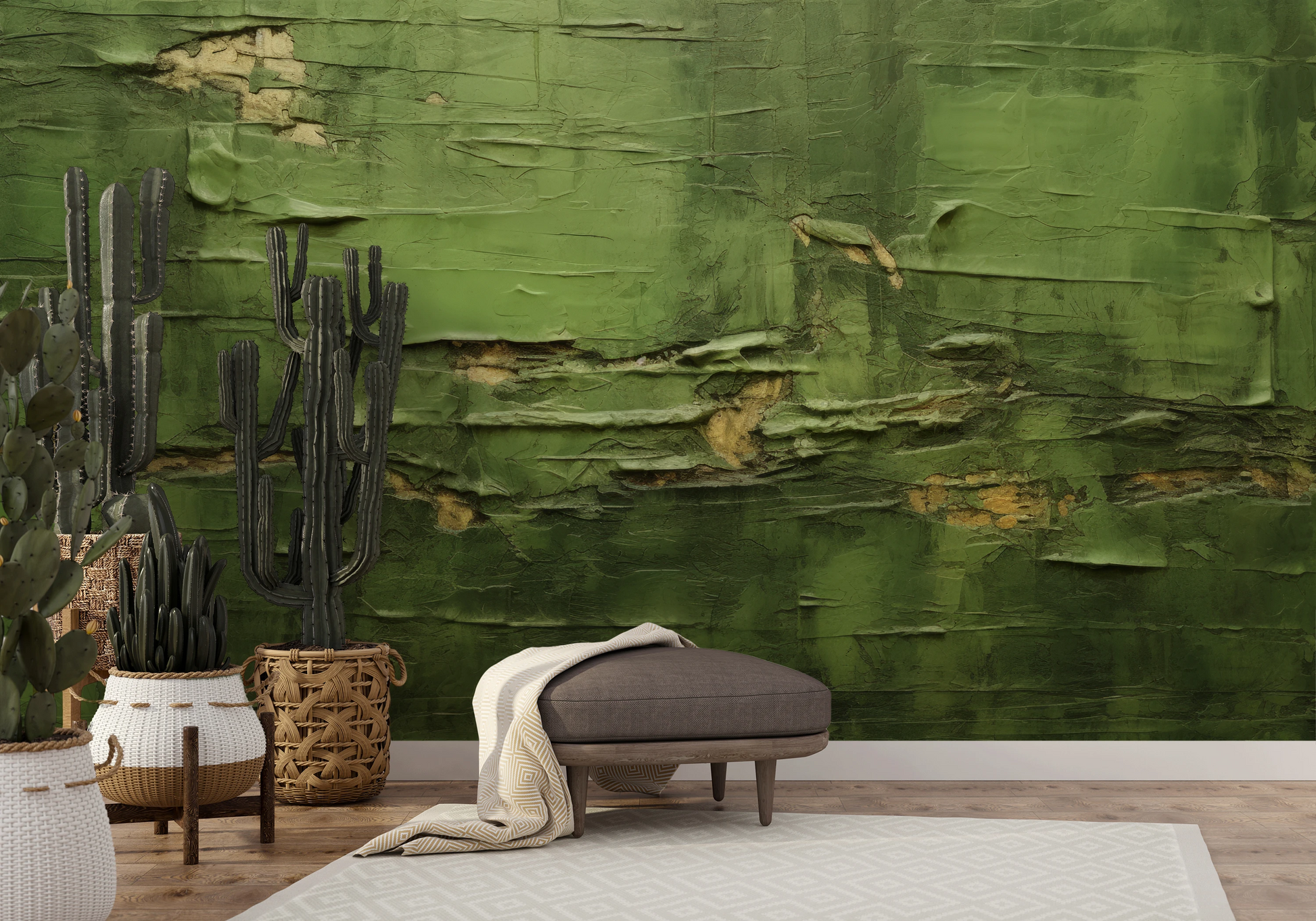 Wzór fototapety artystycznej o nazwie Verdant Crumble pokazanej w aranżacji wnętrza.