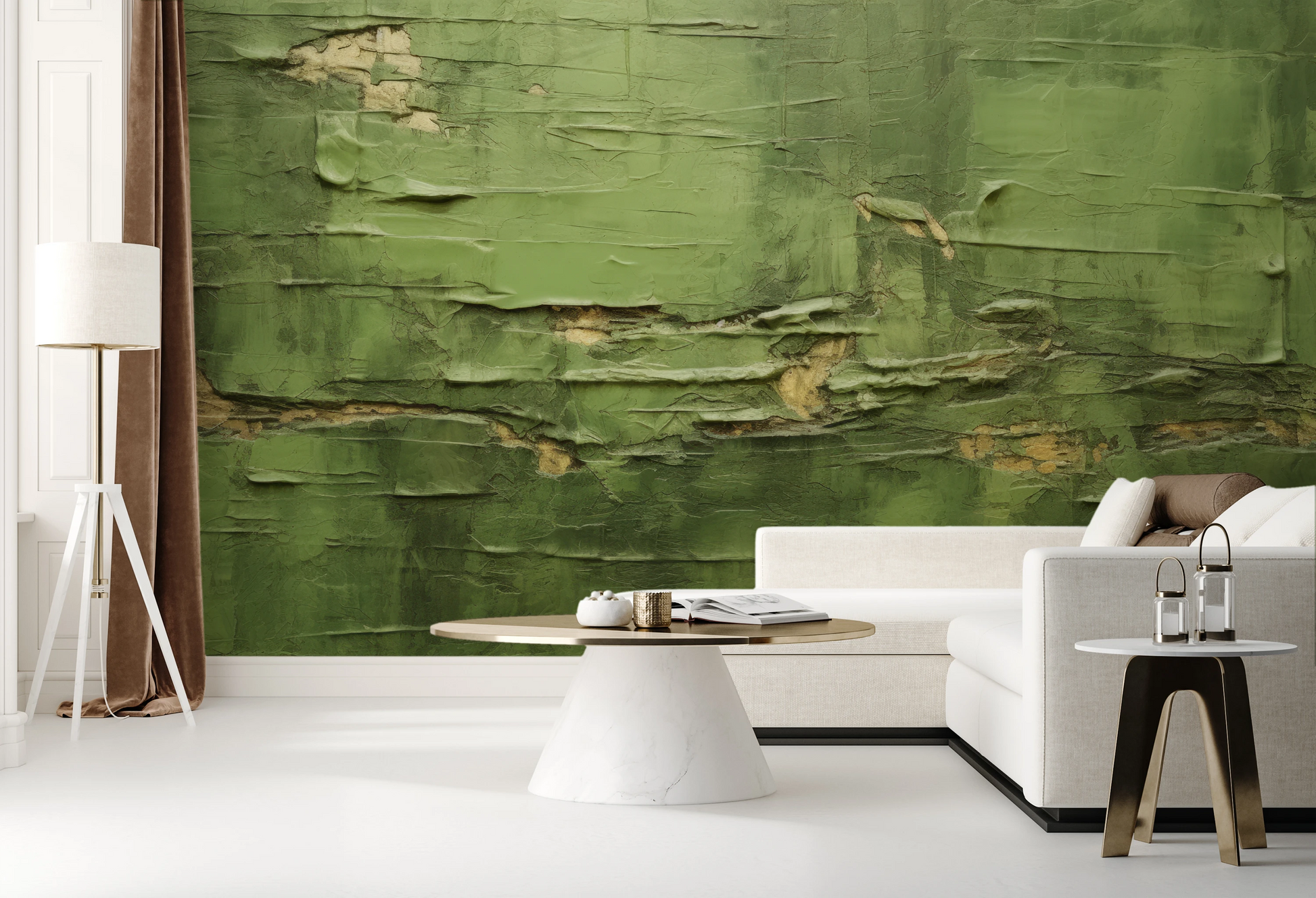 Wzór fototapety artystycznej o nazwie Verdant Crumble pokazanej w aranżacji wnętrza.