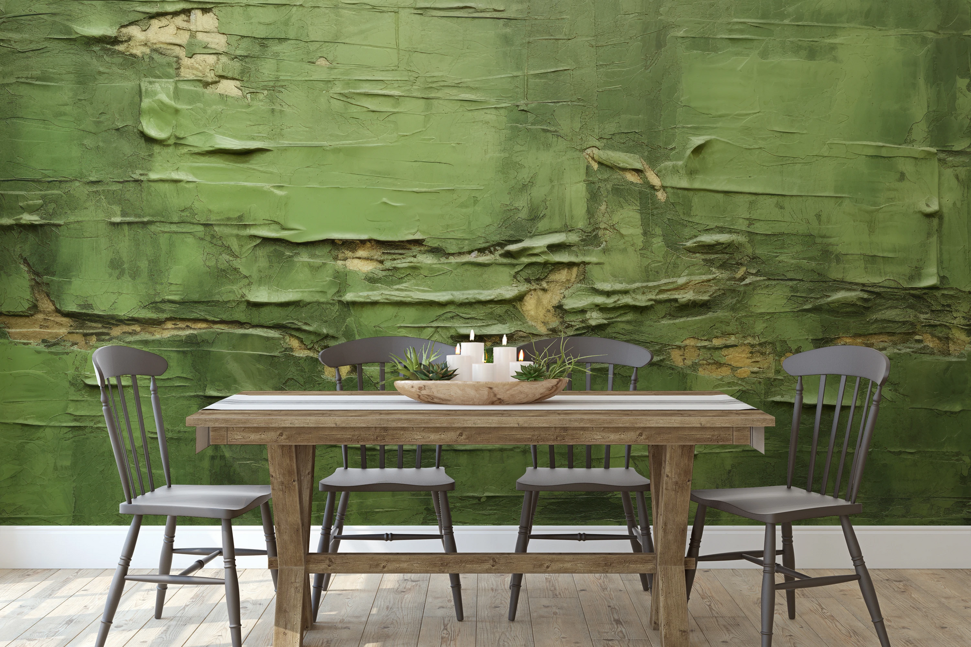 Zdjęcie prezentuje aranżację wnętrza z użyciem fototapety o nazwie Verdant Crumble pokazanej w aranżacji wnętrza.