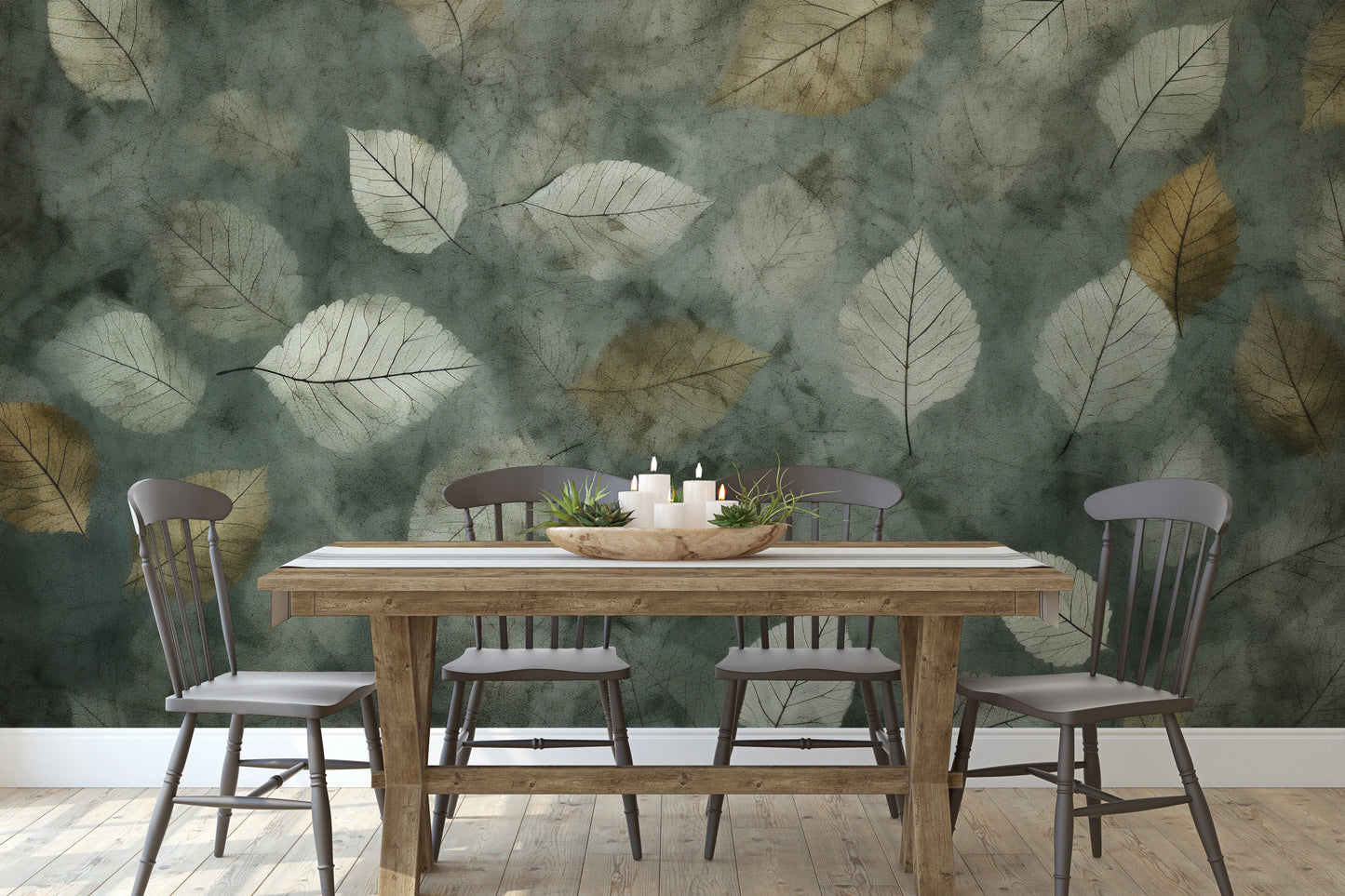 Wzór fototapety malowanej o nazwie Veiled Canopy pokazanej w aranżacji wnętrza.