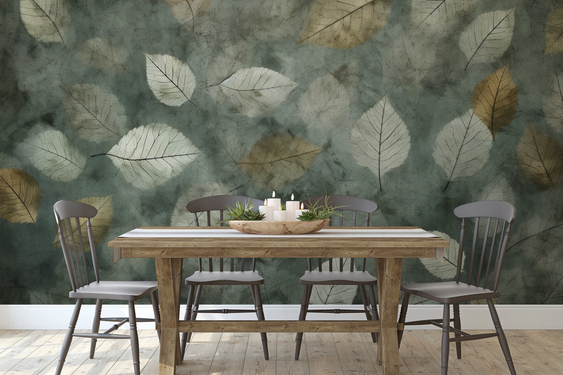 Wzór fototapety malowanej o nazwie Veiled Canopy pokazanej w aranżacji wnętrza.