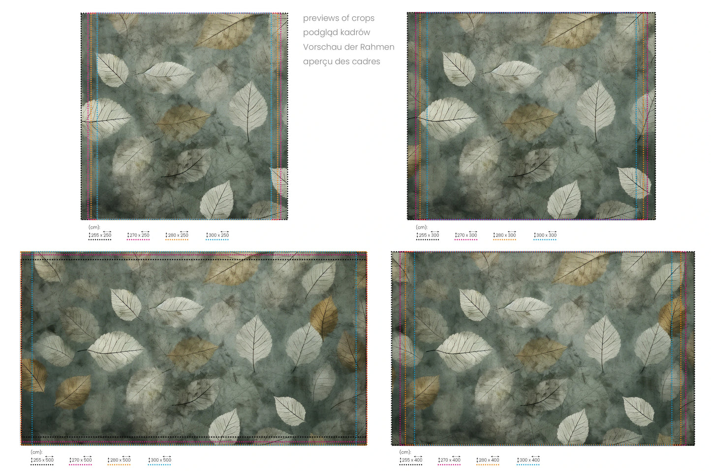 Na obrazie znajduje się prezentacja przykładowych rozmiarów fototapety o nazwie Veiled Canopy. Rozmiar fototapety jest dowolny.