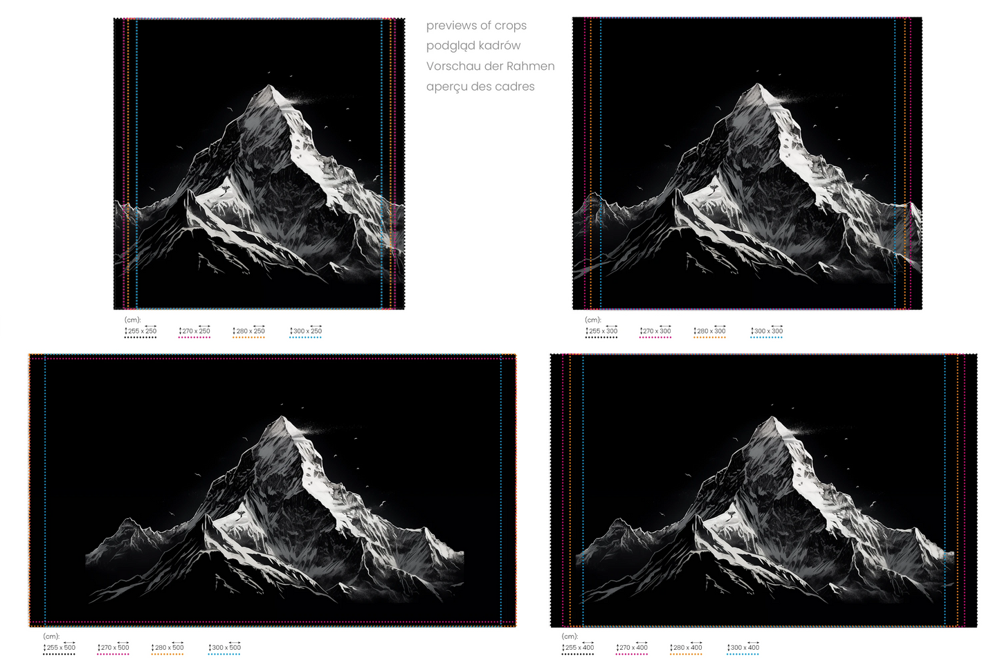 Na obrazie znajduje się prezentacja przykładowych rozmiarów fototapety o nazwie Monochromatic Majesty. Rozmiar fototapety jest dowolny.