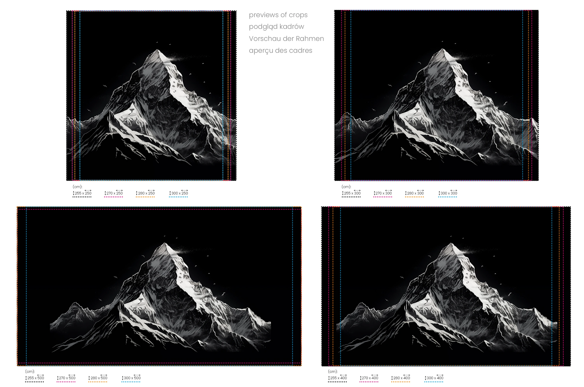 Na obrazie znajduje się prezentacja przykładowych rozmiarów fototapety o nazwie Monochromatic Majesty. Rozmiar fototapety jest dowolny.